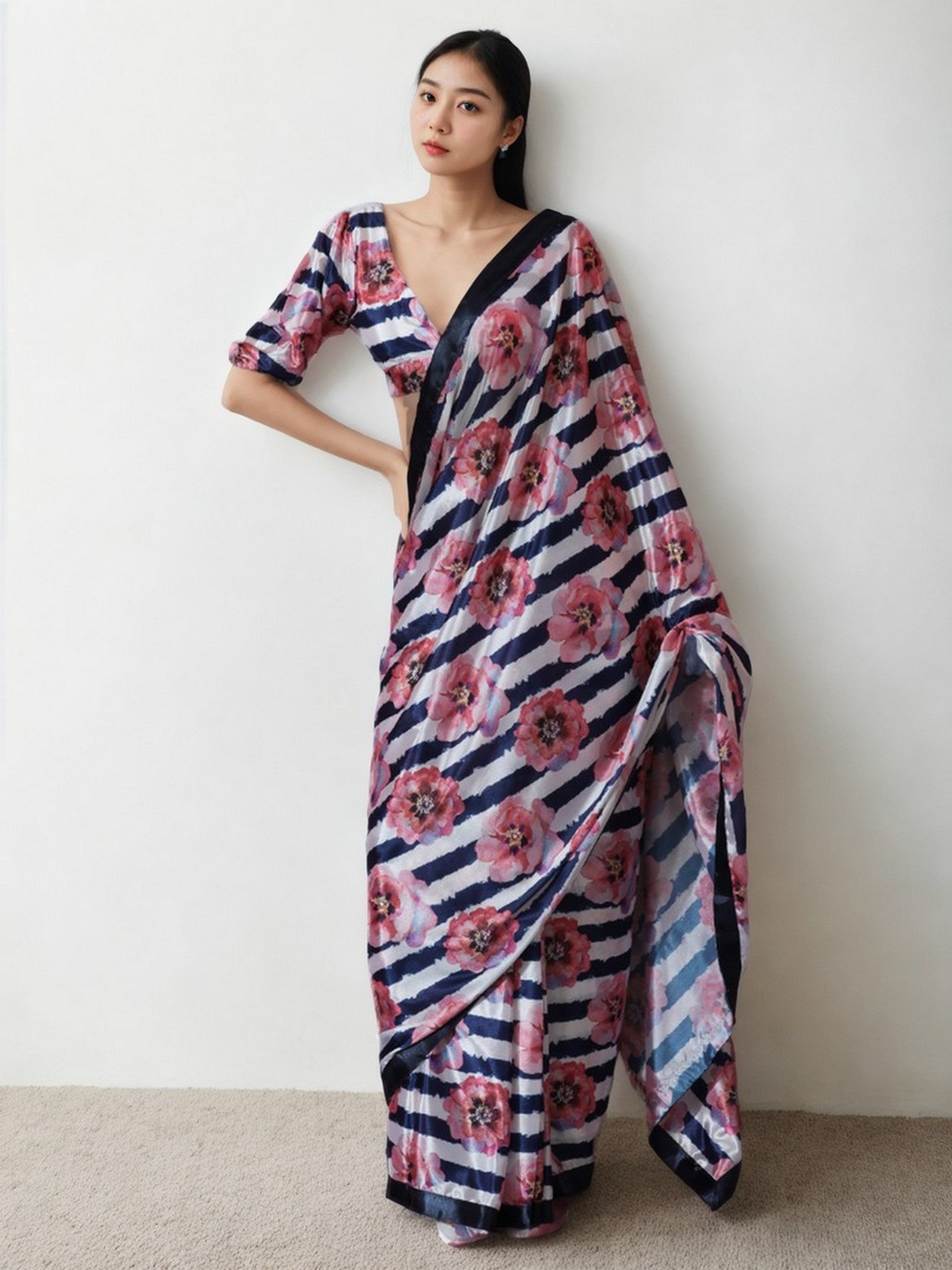 Multi Chinnon Digital Print & Lace Border Trendy Ready To Wear Saree