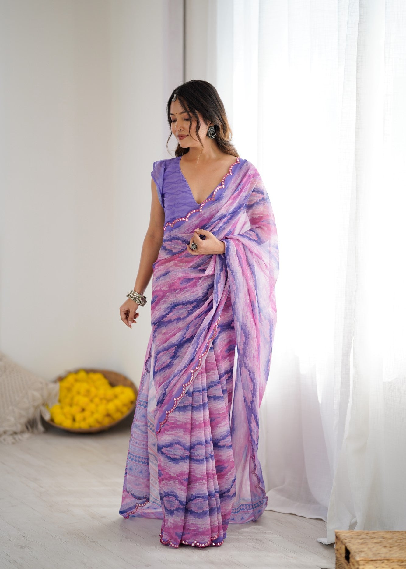 Multi Color Georgette Saree With Digital Print And Mirror Work