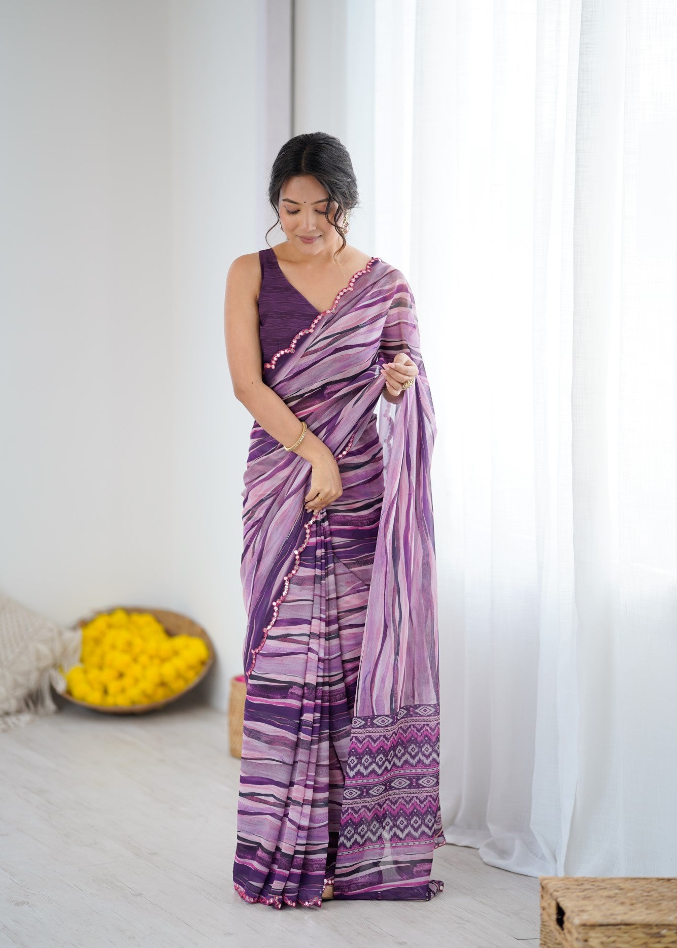Multi Color Georgette Saree With Digital Print And Mirror Work