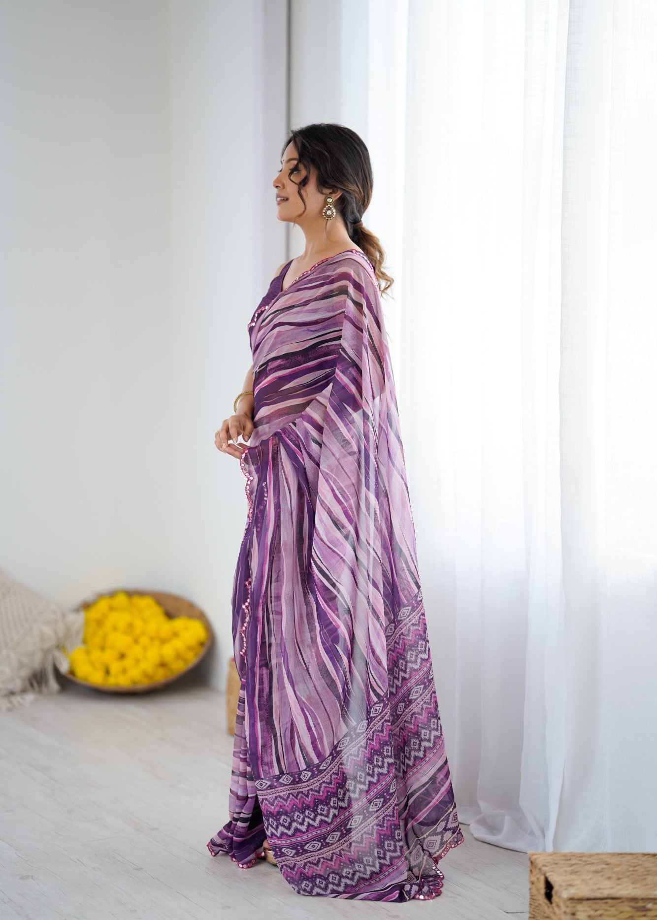 Multi Color Georgette Saree With Digital Print And Mirror Work