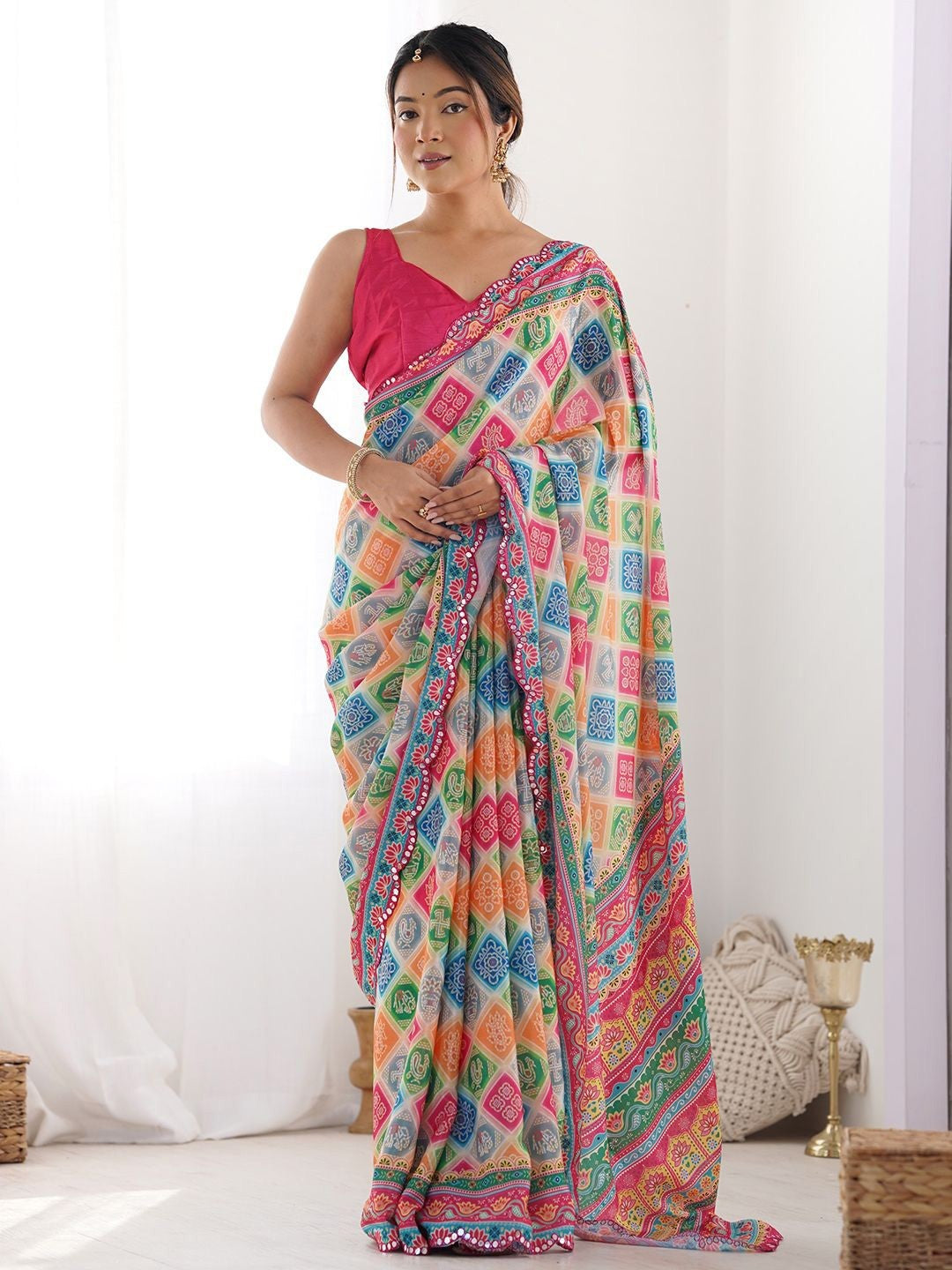 Multi Color Georgette Saree With Digital Print And Mirror Work