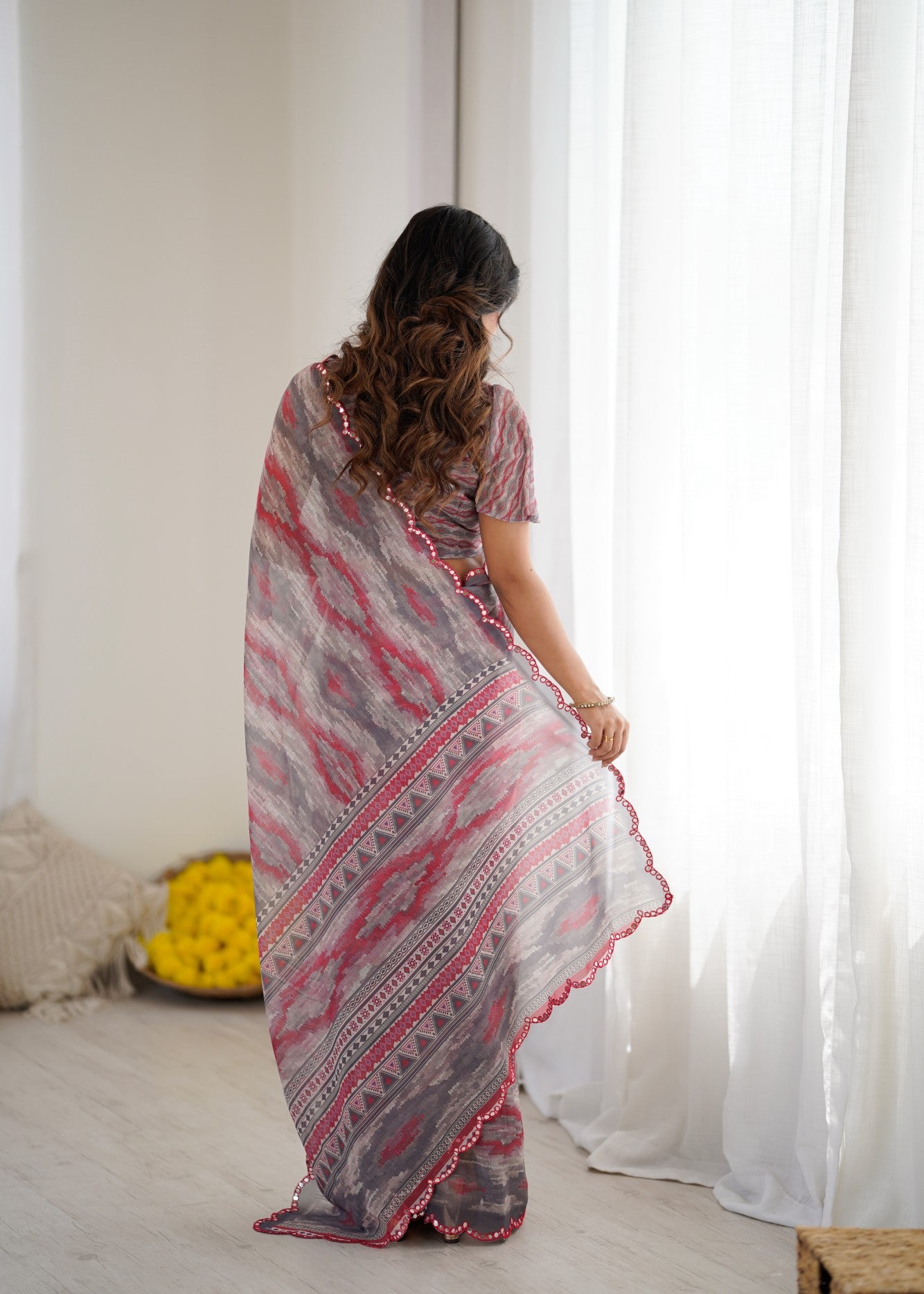Multi Color Georgette Saree With Digital Print And Mirror Work