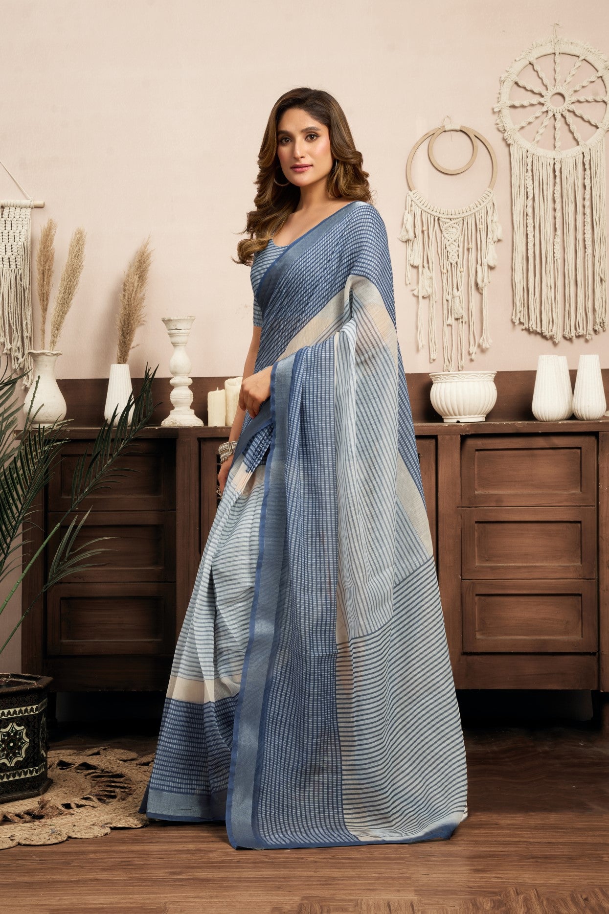 Multi Color Linen Ready To Wear Saree With Printed Design And Zari Stripe Border With Pocket