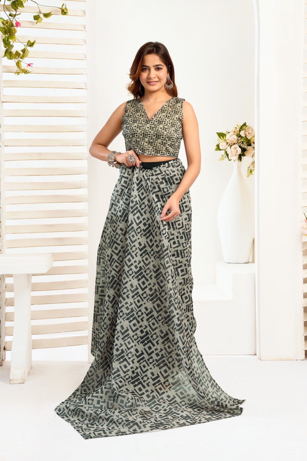 Multi Color Linen Ready To Wear Saree With Printed Design And Zari Stripe Border With Pocket