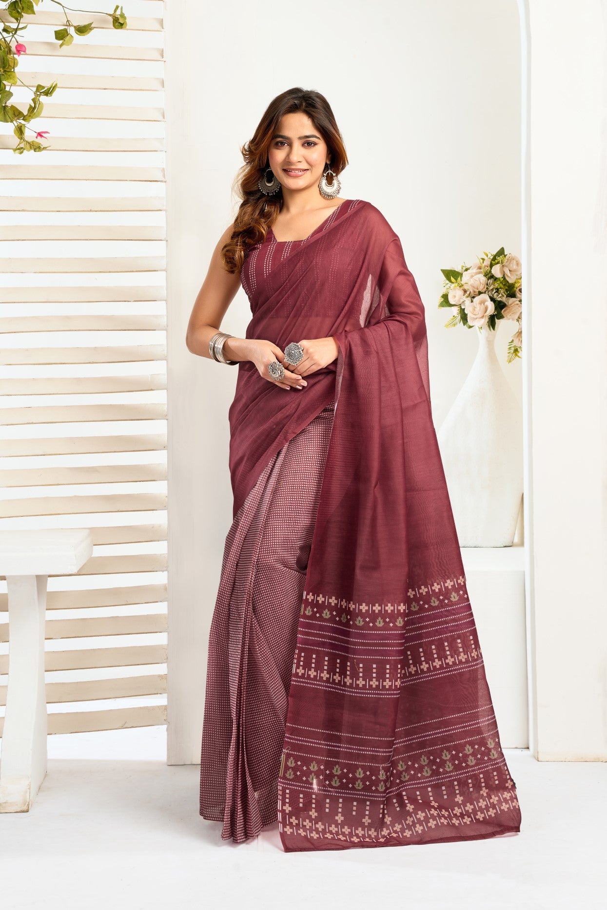 Multi Color Linen Ready To Wear Saree With Printed Design And Zari Stripe Border With Pocket