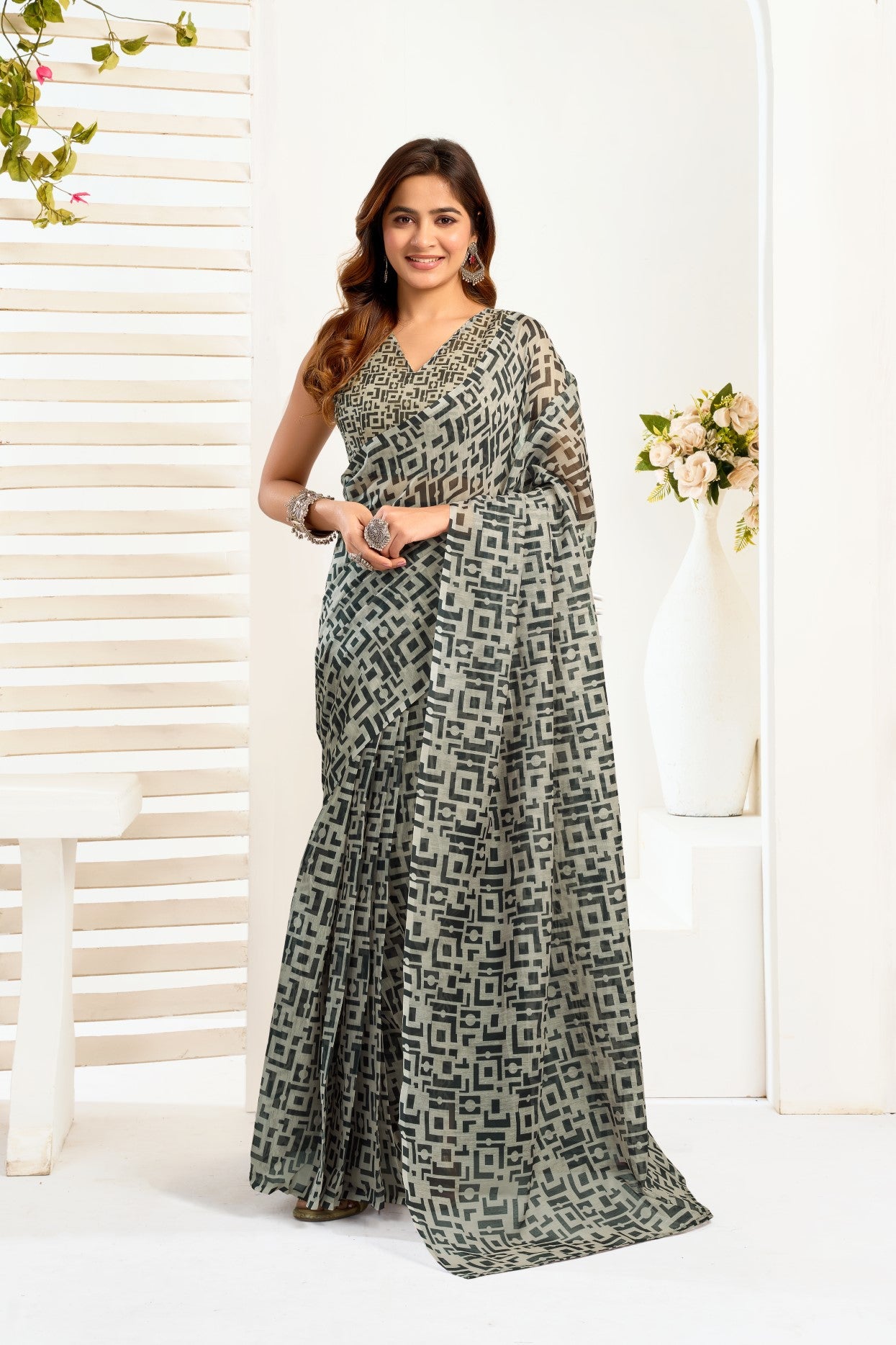 Multi Color Linen Ready To Wear Saree With Printed Design And Zari Stripe Border With Pocket