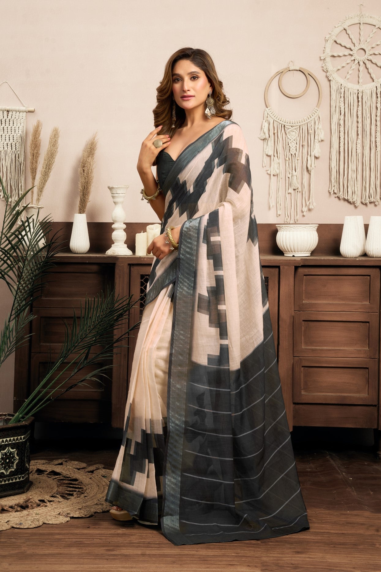 Multi Color Linen Ready To Wear Saree With Printed Design And Zari Stripe Border With Pocket