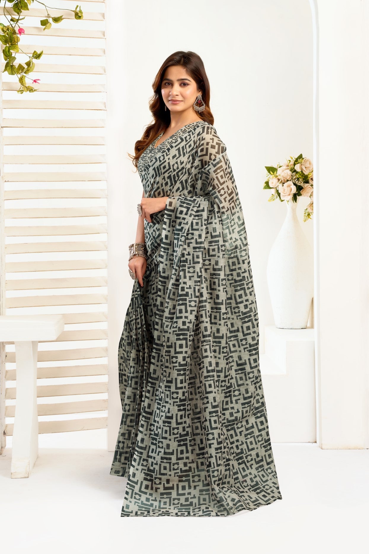 Multi Color Linen Ready To Wear Saree With Printed Design And Zari Stripe Border With Pocket