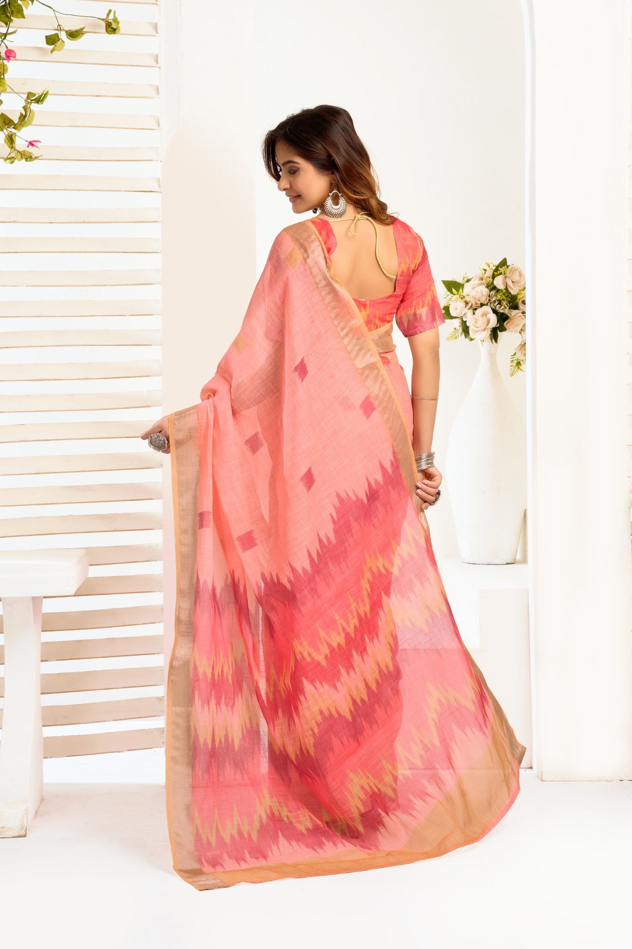 Multi Color Linen Ready To Wear Saree With Printed Design And Zari Stripe Border With Pocket
