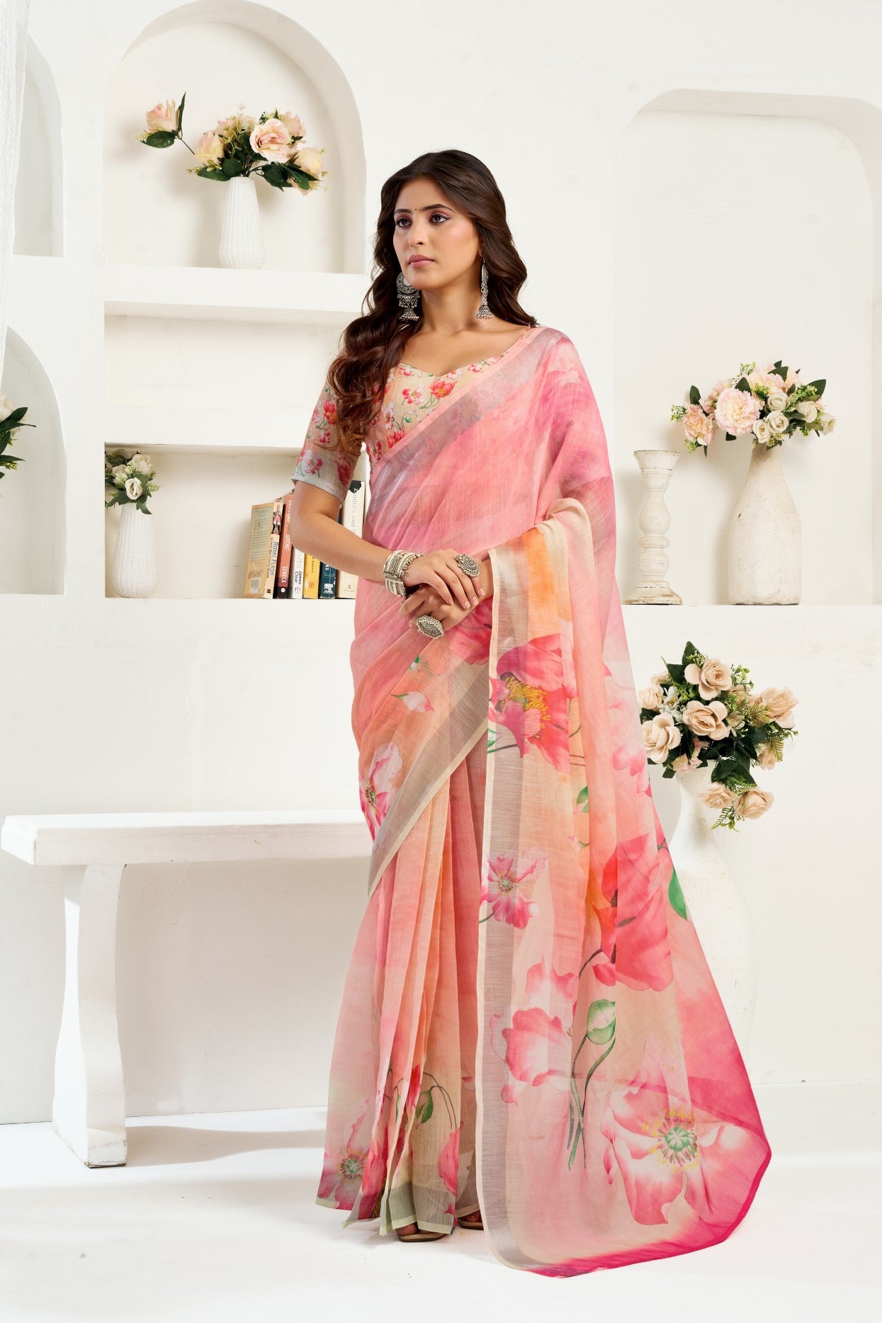 Multi Color Linen Ready To Wear Saree With Zari Border Printed