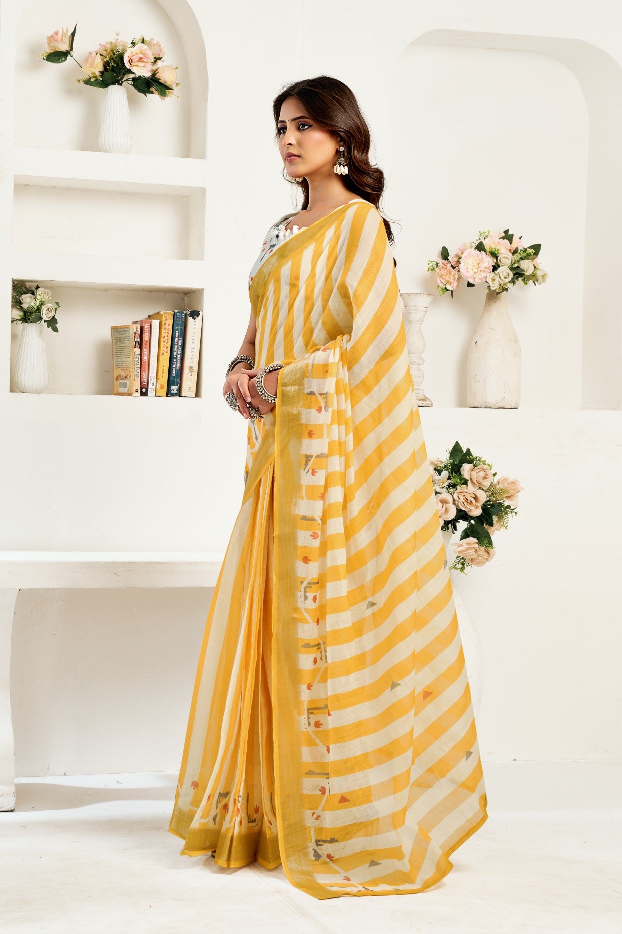 Multi Color Linen Ready To Wear Saree With Zari Border Printed