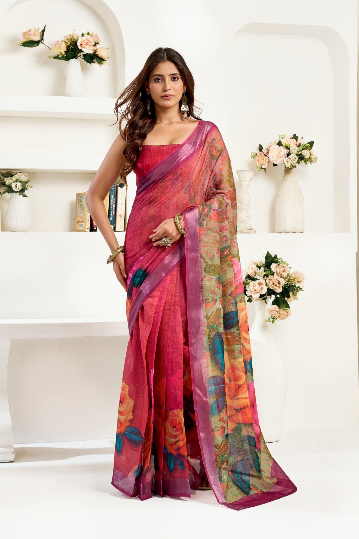Multi Color Linen Ready To Wear Saree With Zari Border Printed