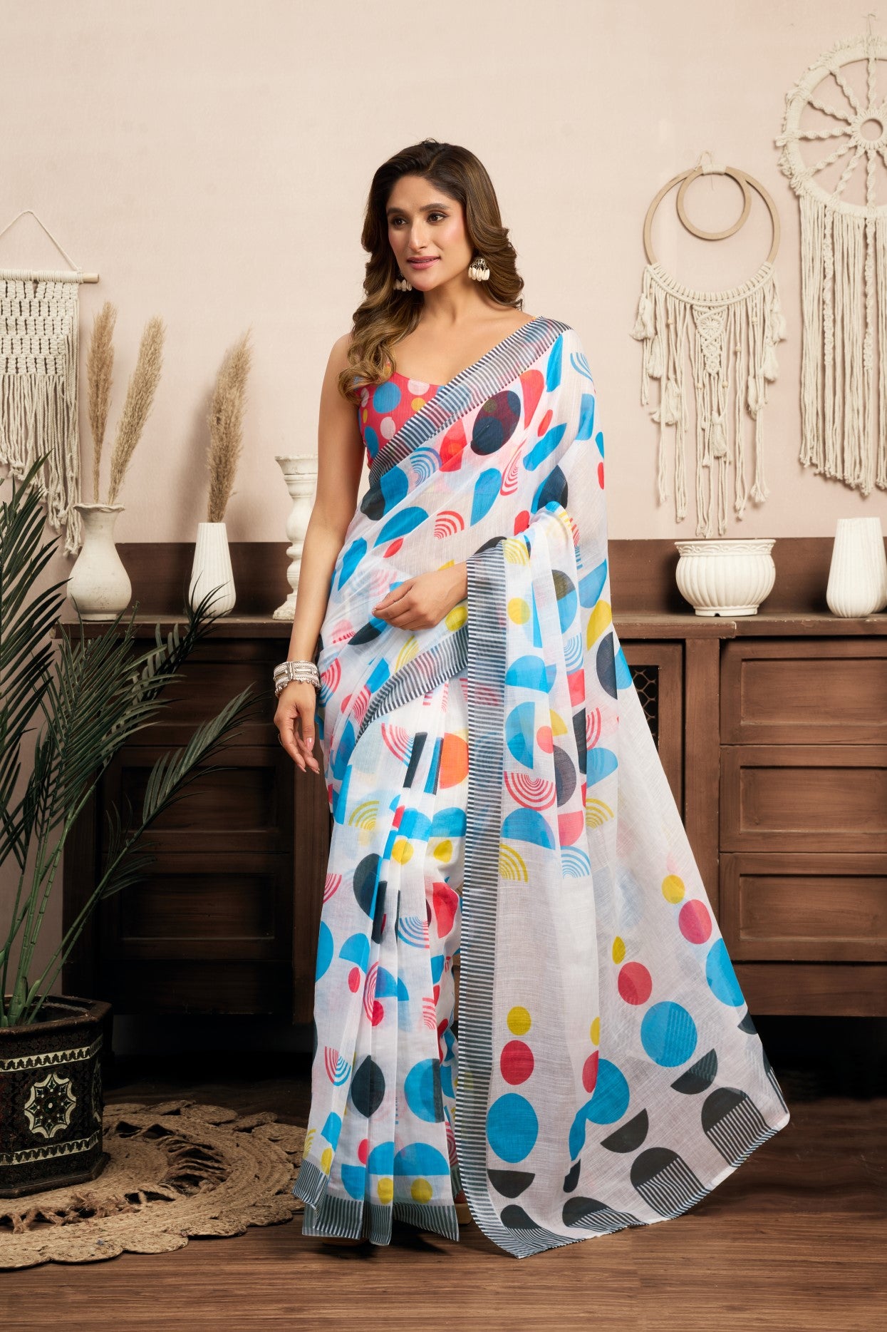 Multi Color Linen Ready To Wear Saree With Zari Border Printed