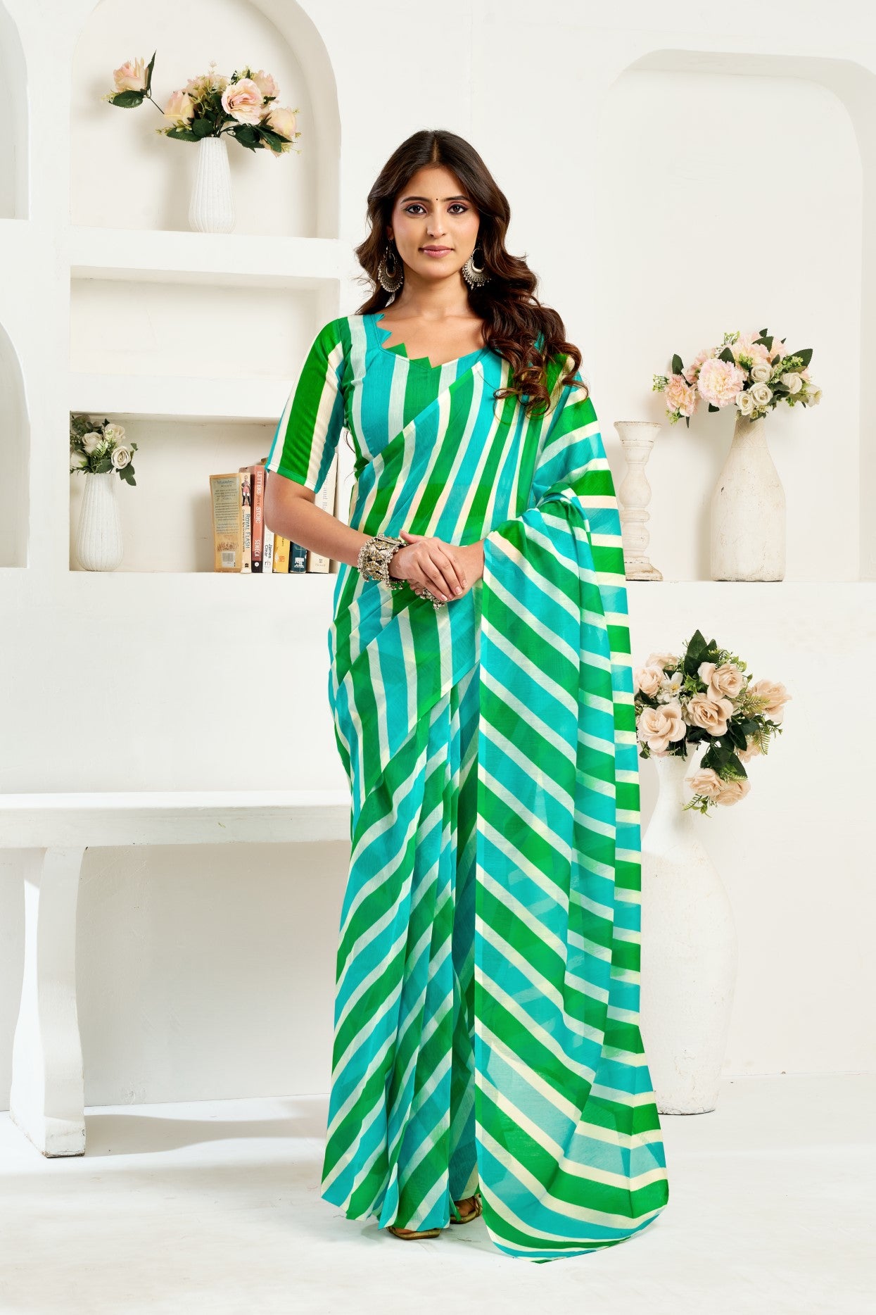 Multi Color Linen Ready To Wear Saree With Zari Border Printed