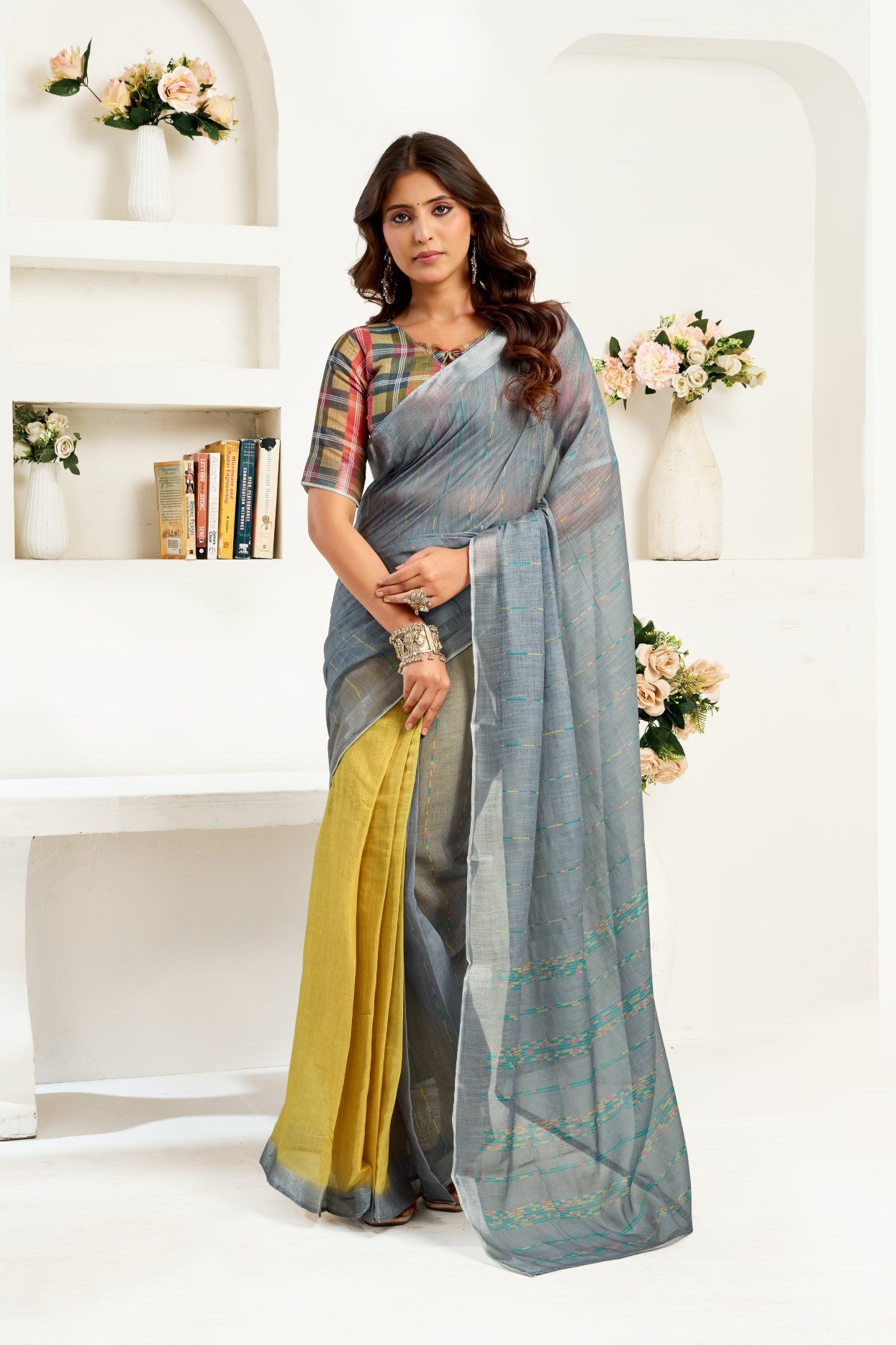 Multi Color Linen Ready To Wear Saree With Zari Border Printed