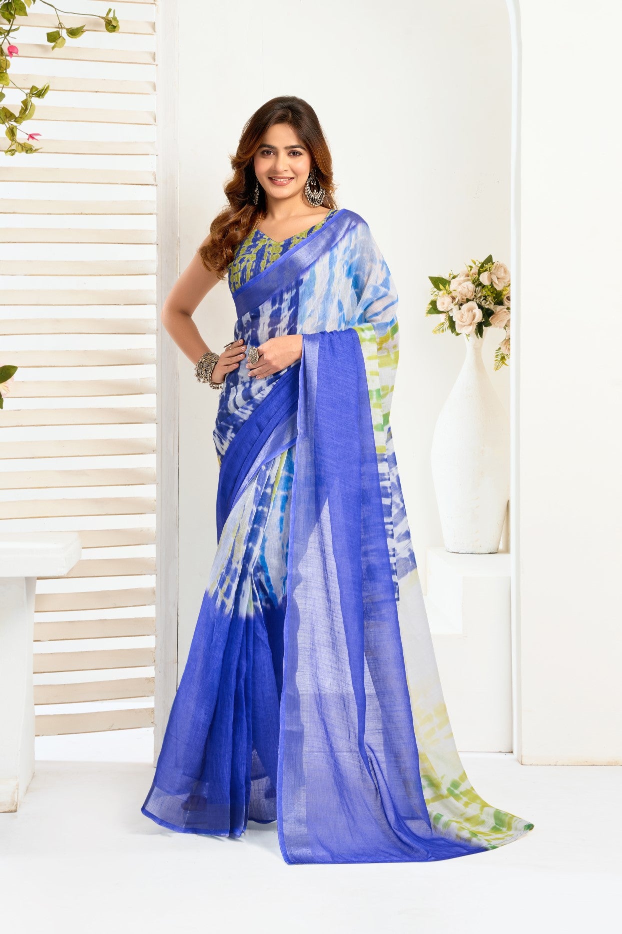 Multi Color Linen Ready To Wear Saree With Zari Border Printed