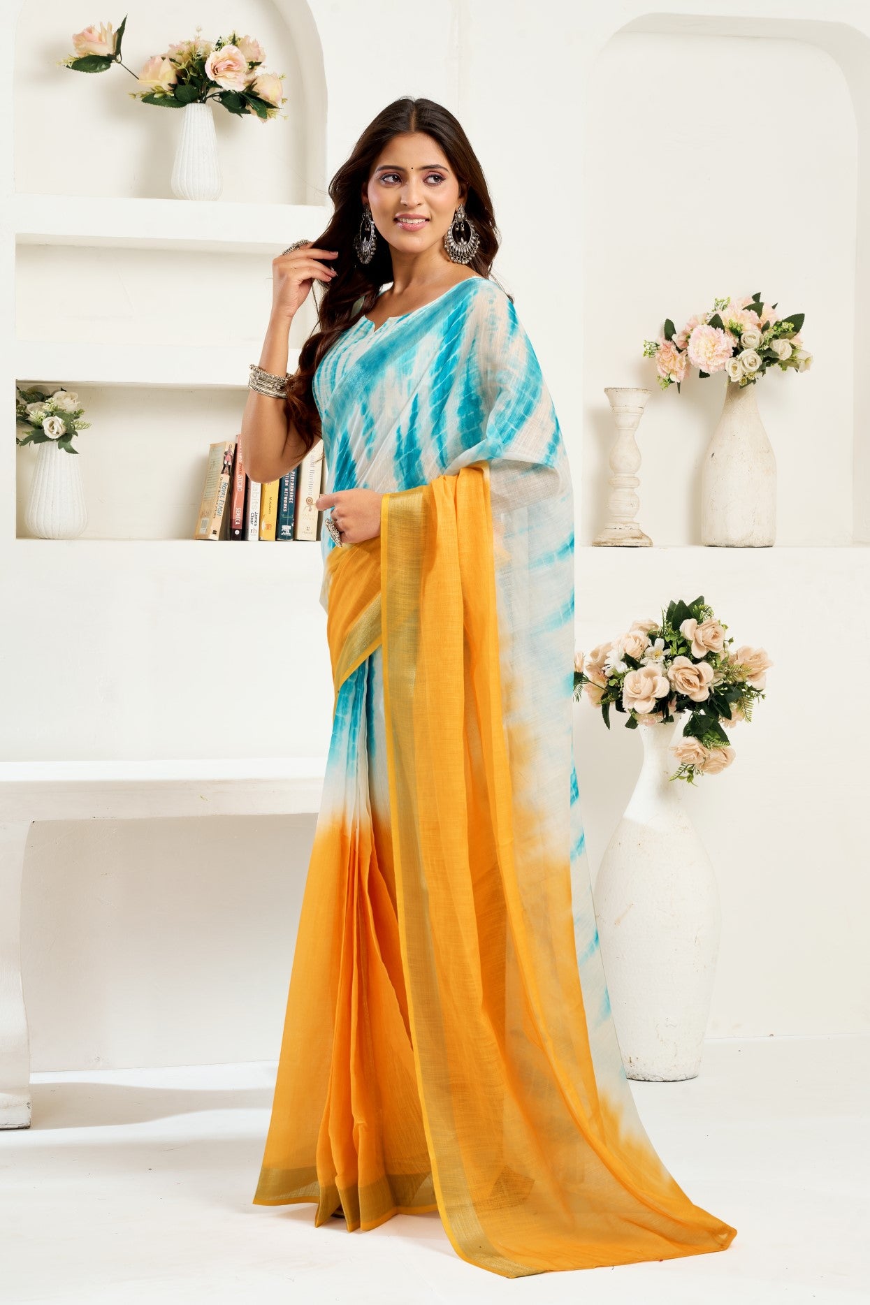 Multi Color Linen Ready To Wear Saree With Zari Border Printed