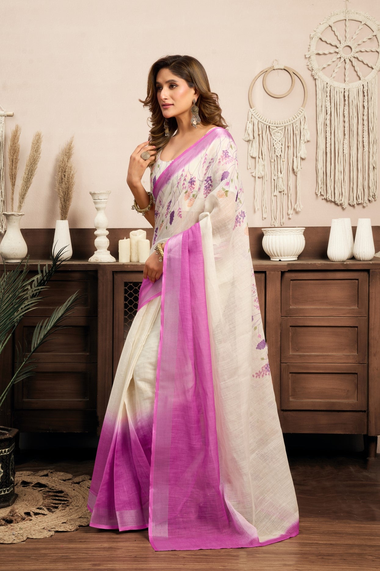 Multi Color Linen Ready To Wear Saree With Zari Border Printed
