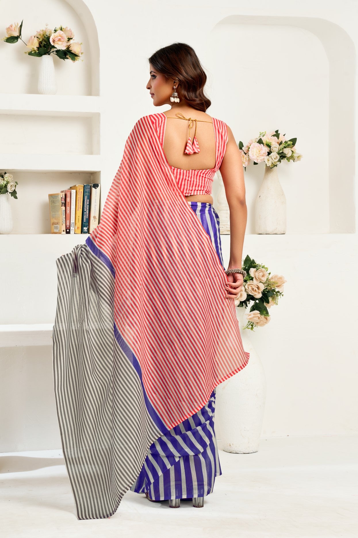 Multi Color Linen Ready To Wear Saree With Zari Border Printed