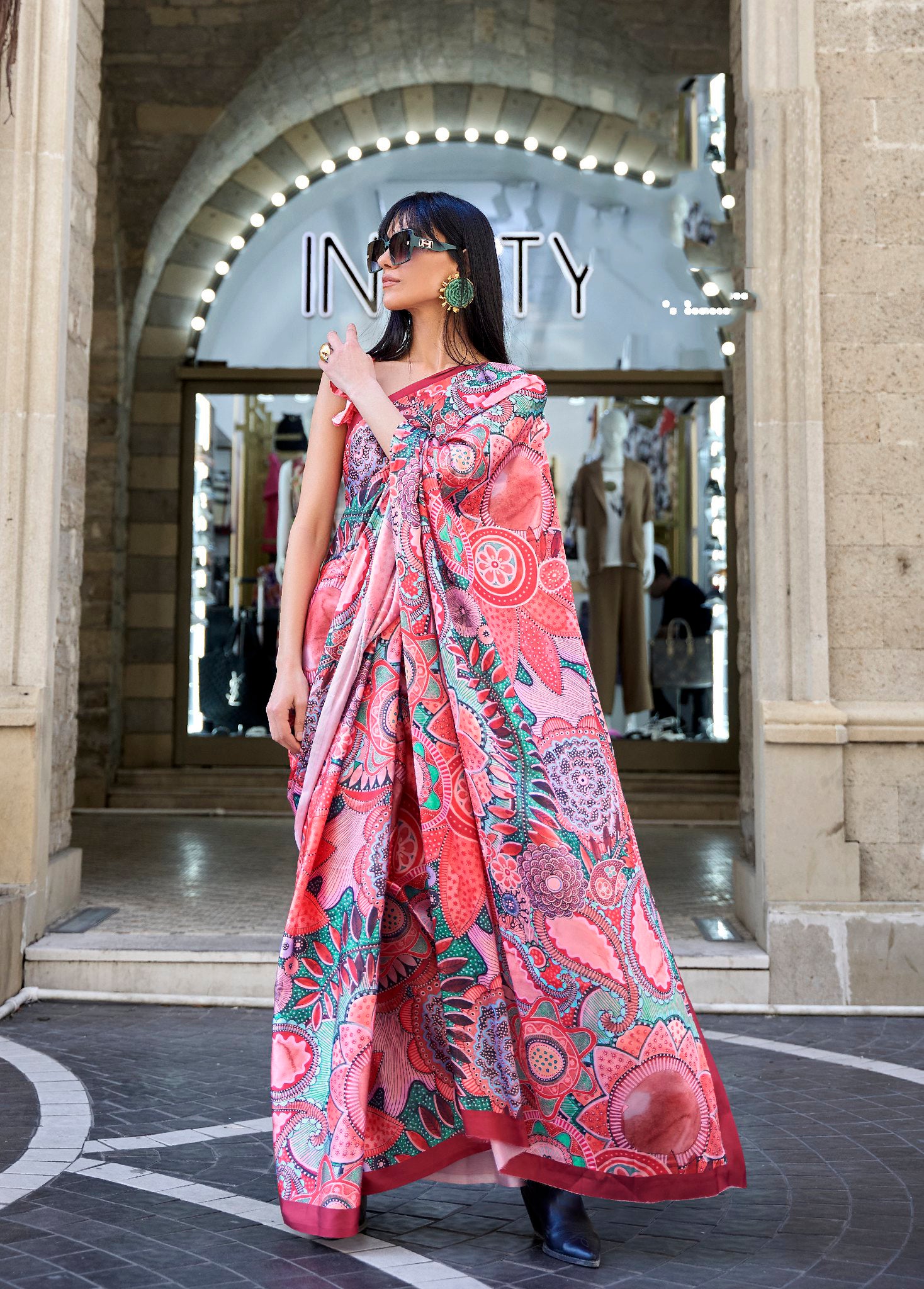 Multi Color Satin Crape Saree With Digital Print
