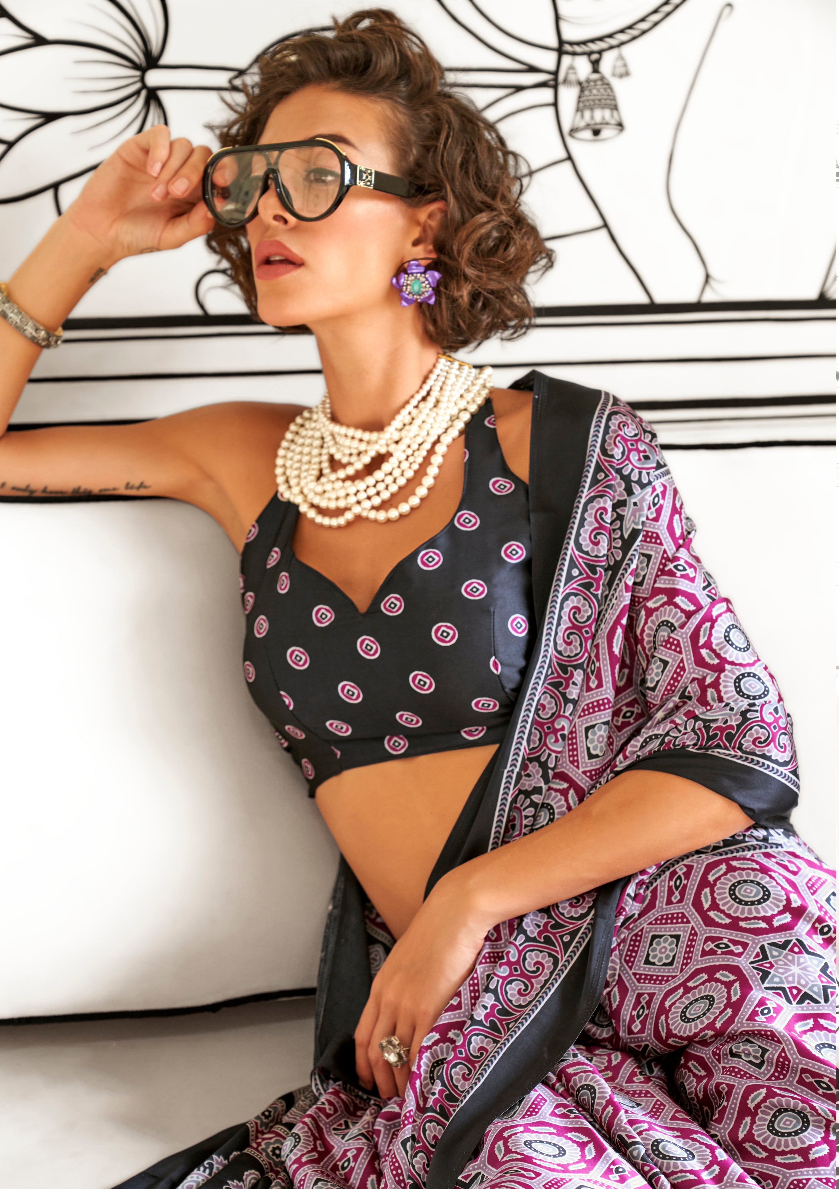 MultiColor Satin Crape Saree With  Digital Print