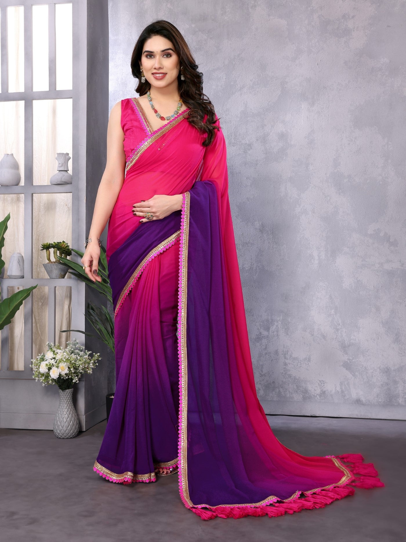 Multi Georgette Saree With Padding Saree With Embroidery Work Lace