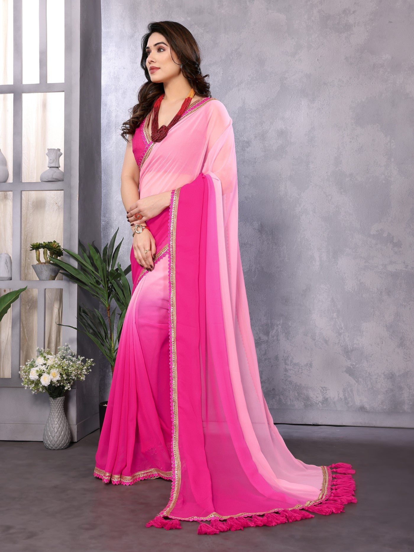 Multi Georgette Saree With Padding Saree With Embroidery Work Lace