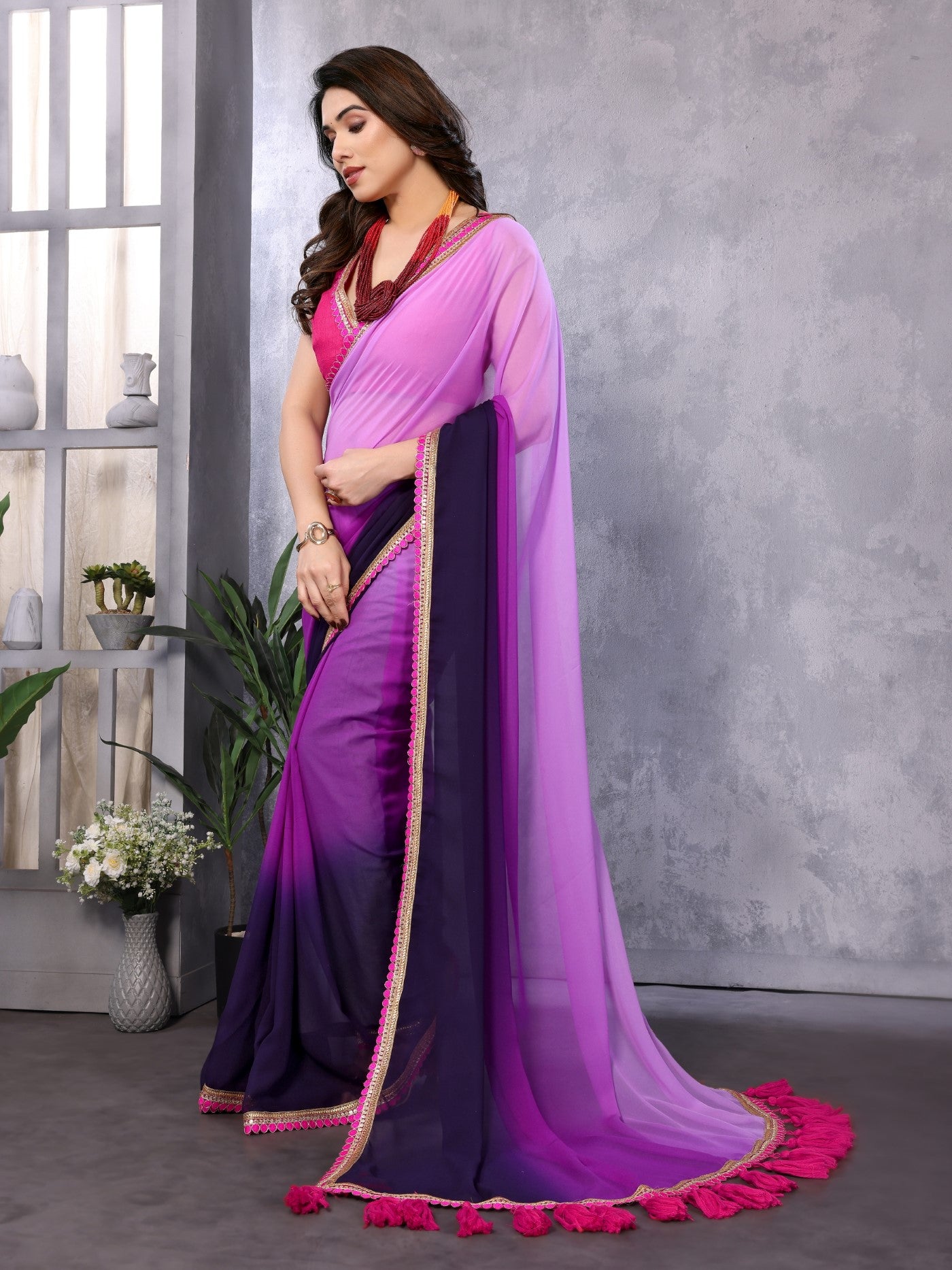Multi Georgette Saree With Padding Saree With Embroidery Work Lace