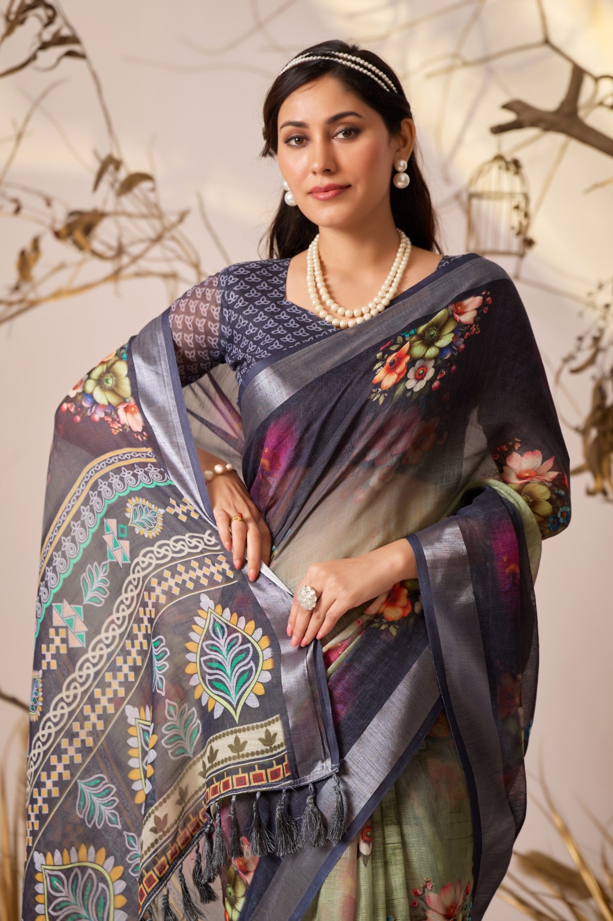 Multi Linen Cotton Saree With Digital Printed Premium Designer Saree