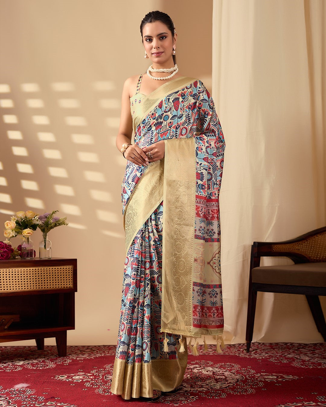 Multi Soft Lichi Silk Saree With Digital Printed Premium Designer Saree