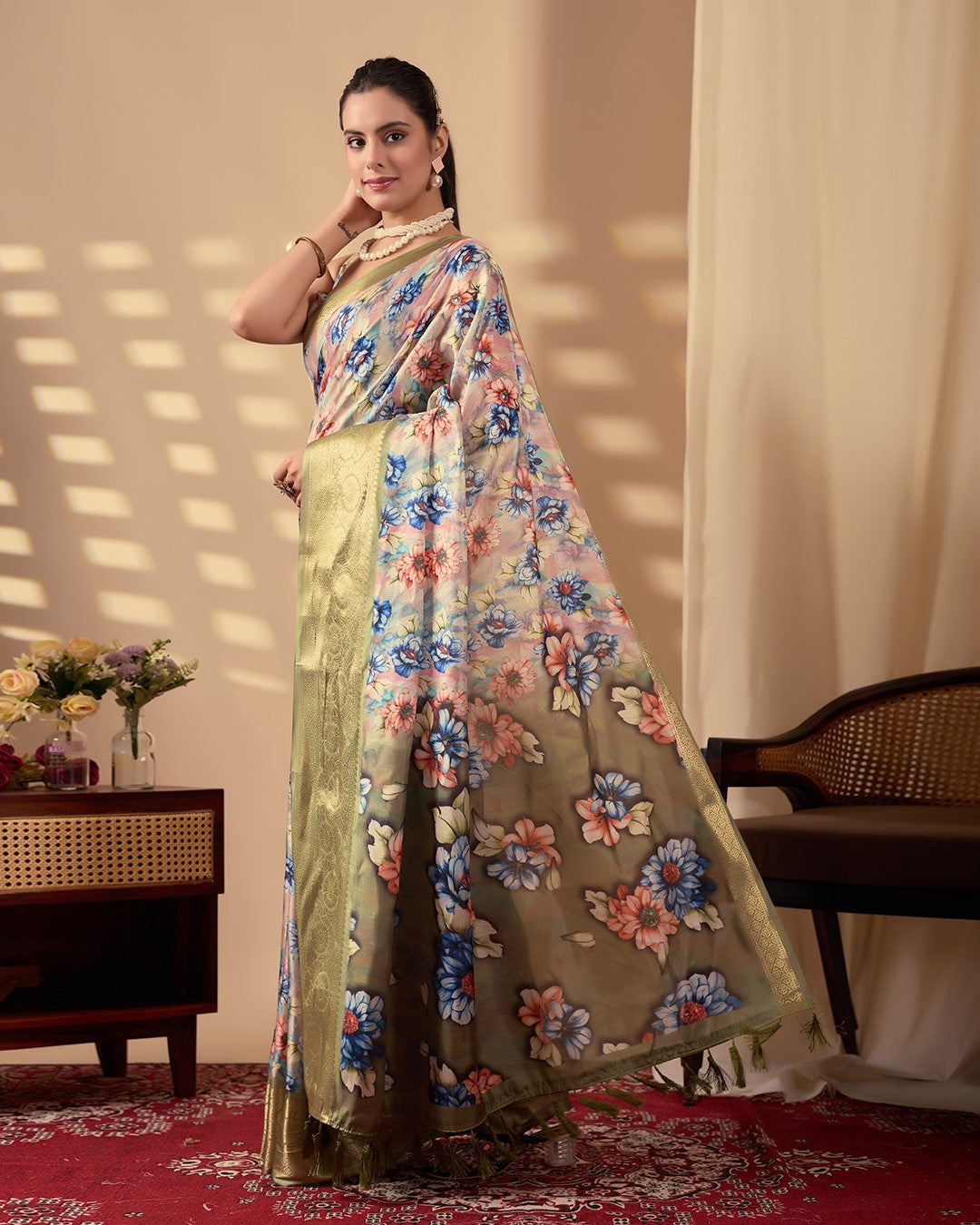 Multi Soft Lichi Silk Saree With Digital Printed Premium Elegant Saree
