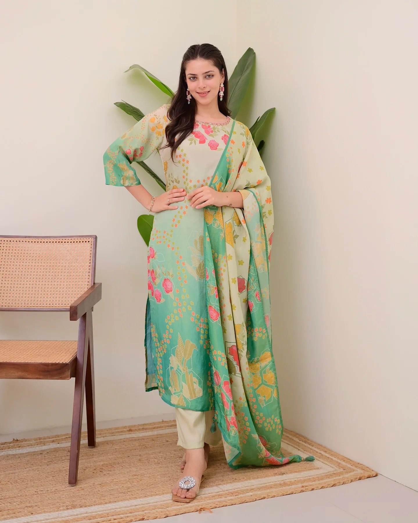 Multicolor Assam Silk Kurta Pant Set With Print With Work On Neck