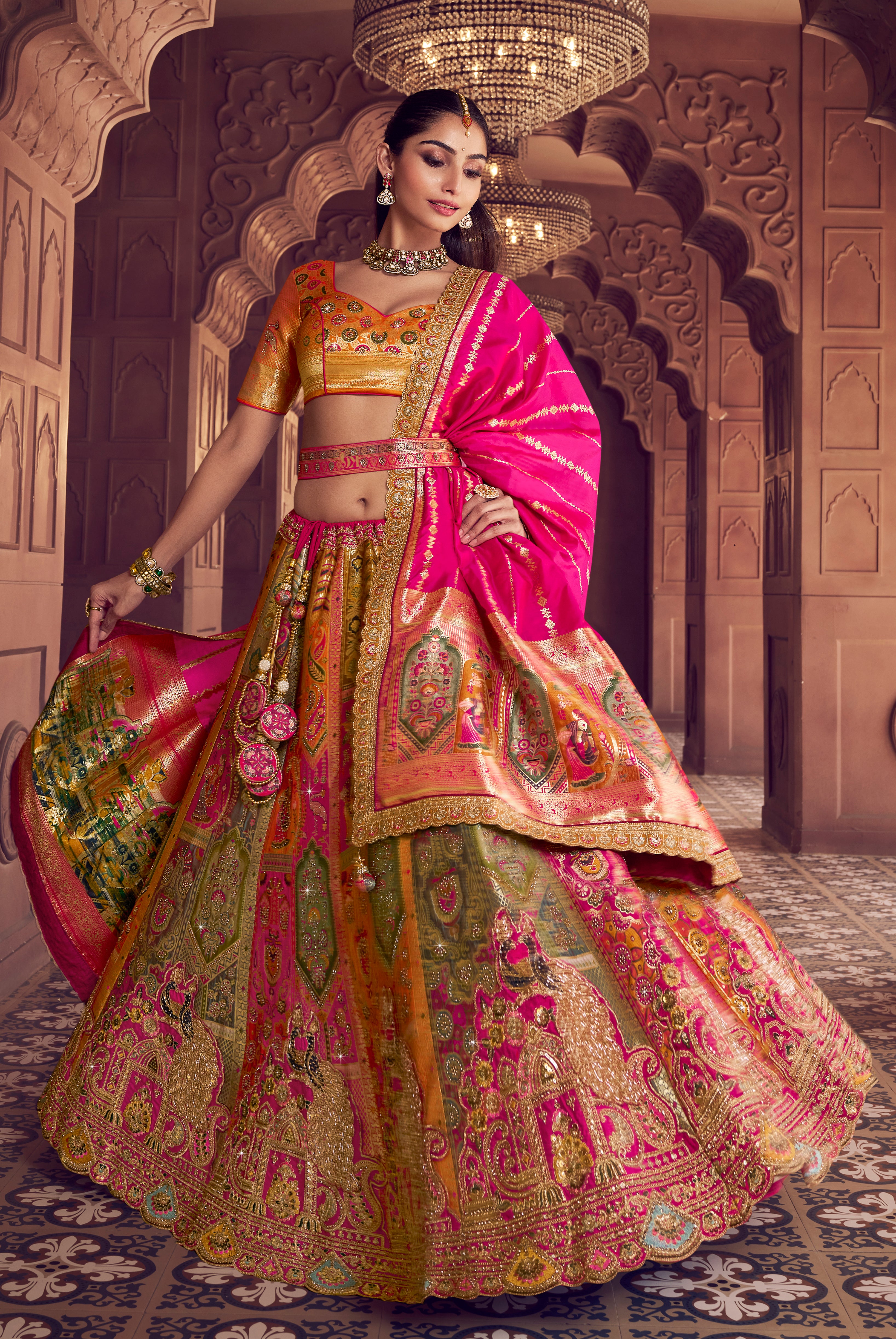 Multicolor Banarasi Premium Silk Lehenga Choli With Heavy Thread Embroidery, Sequence, Swarovski ,Stone With Zari Weaving Work