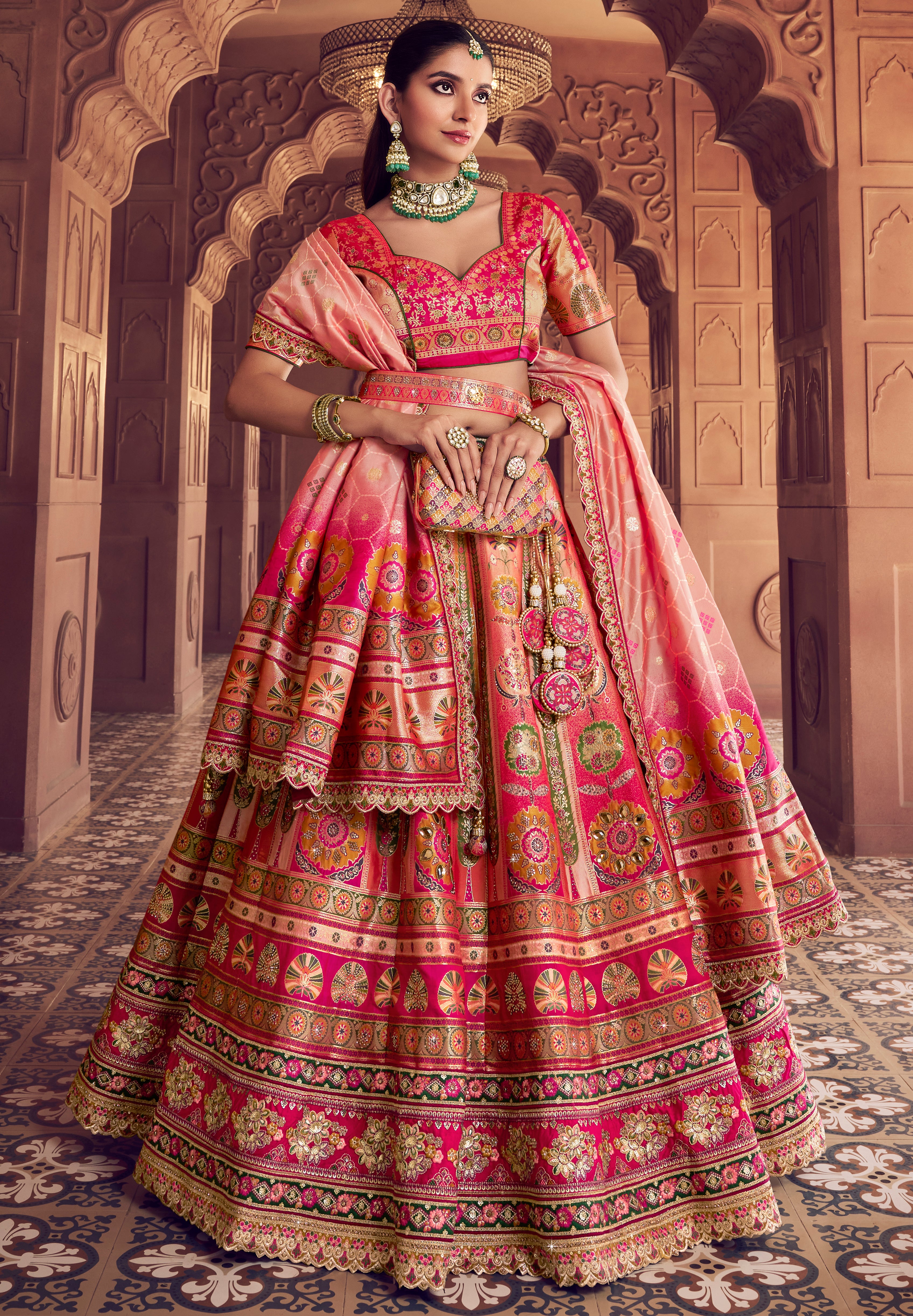 Multicolor Banarasi Premium Silk Lehenga Choli With Heavy Thread Embroidery, Sequence, Swarovski ,Stone With Zari Weaving Work