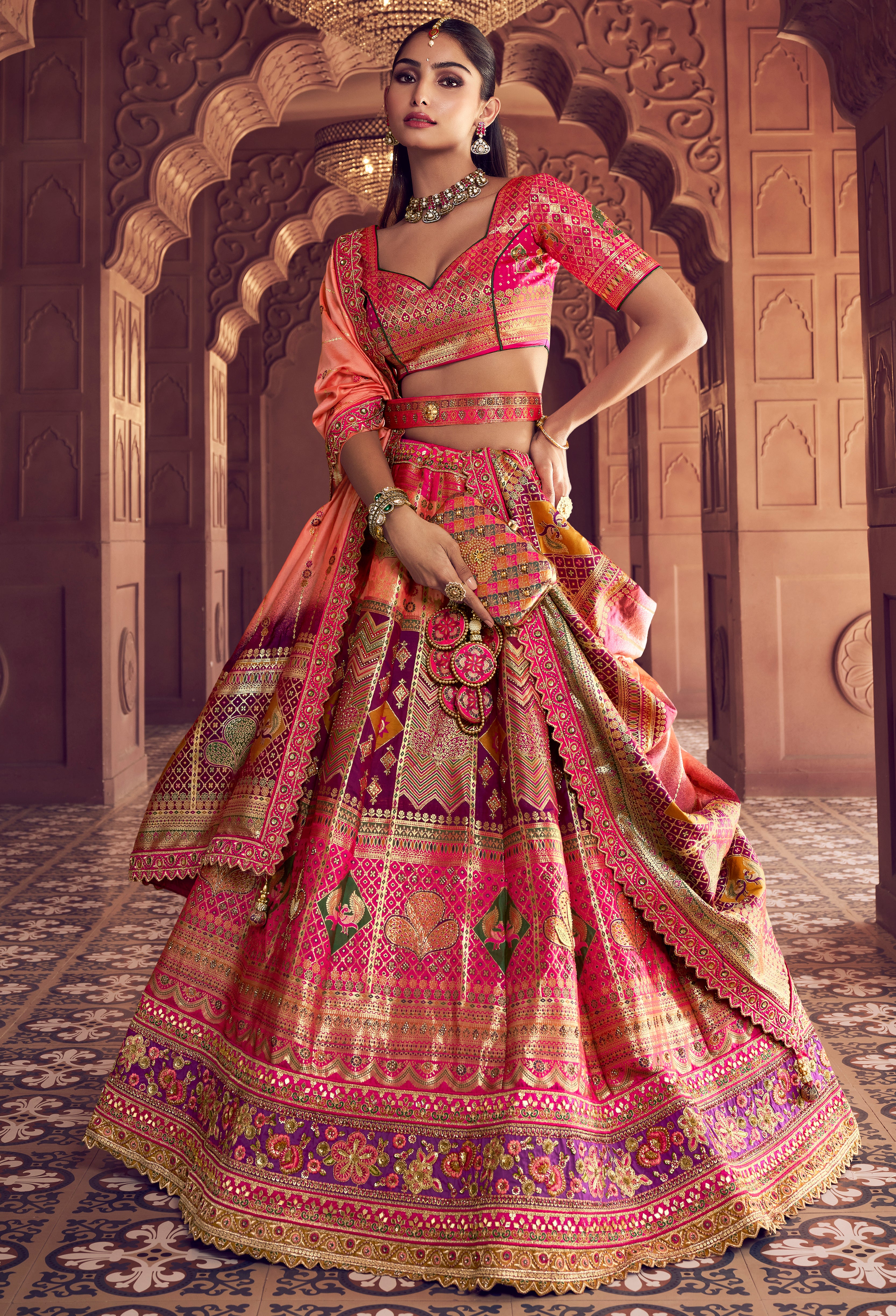Multicolor Banarasi Premium Silk Lehenga Choli With Heavy Thread Embroidery, Sequence, Swarovski ,Stone With Zari Weaving Work