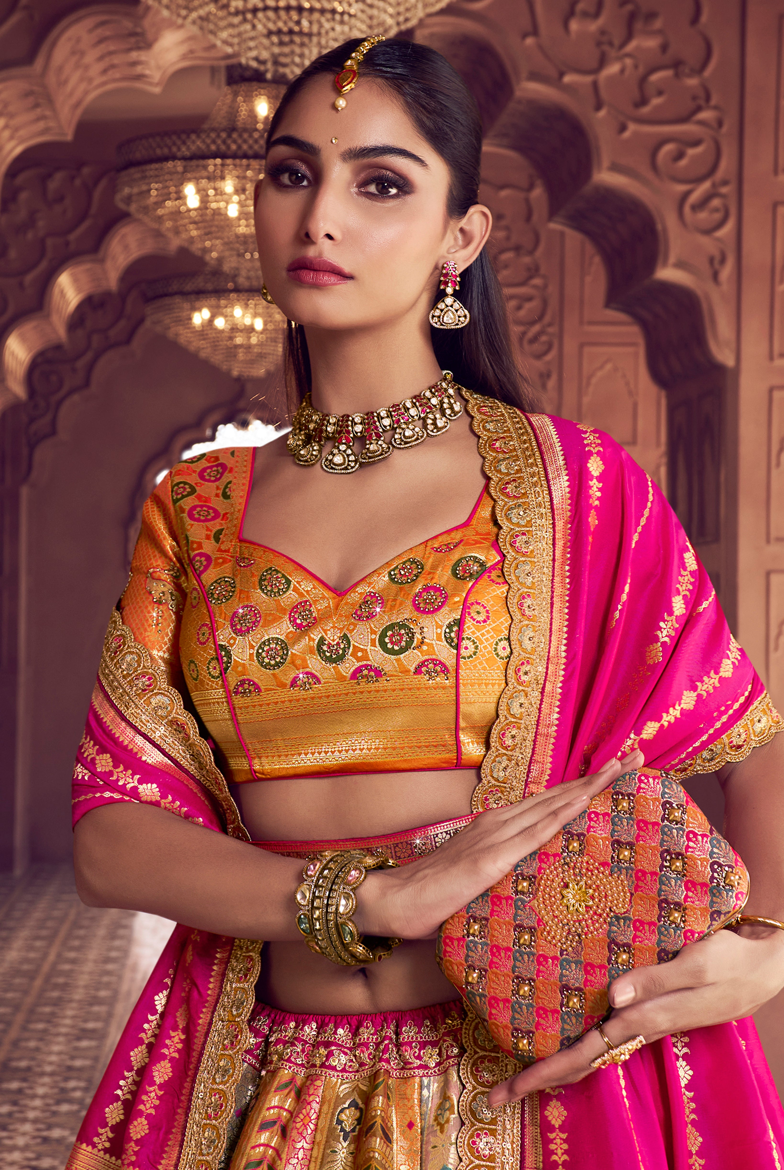 Multicolor Banarasi Premium Silk Lehenga Choli With Heavy Thread Embroidery, Sequence, Swarovski ,Stone With Zari Weaving Work