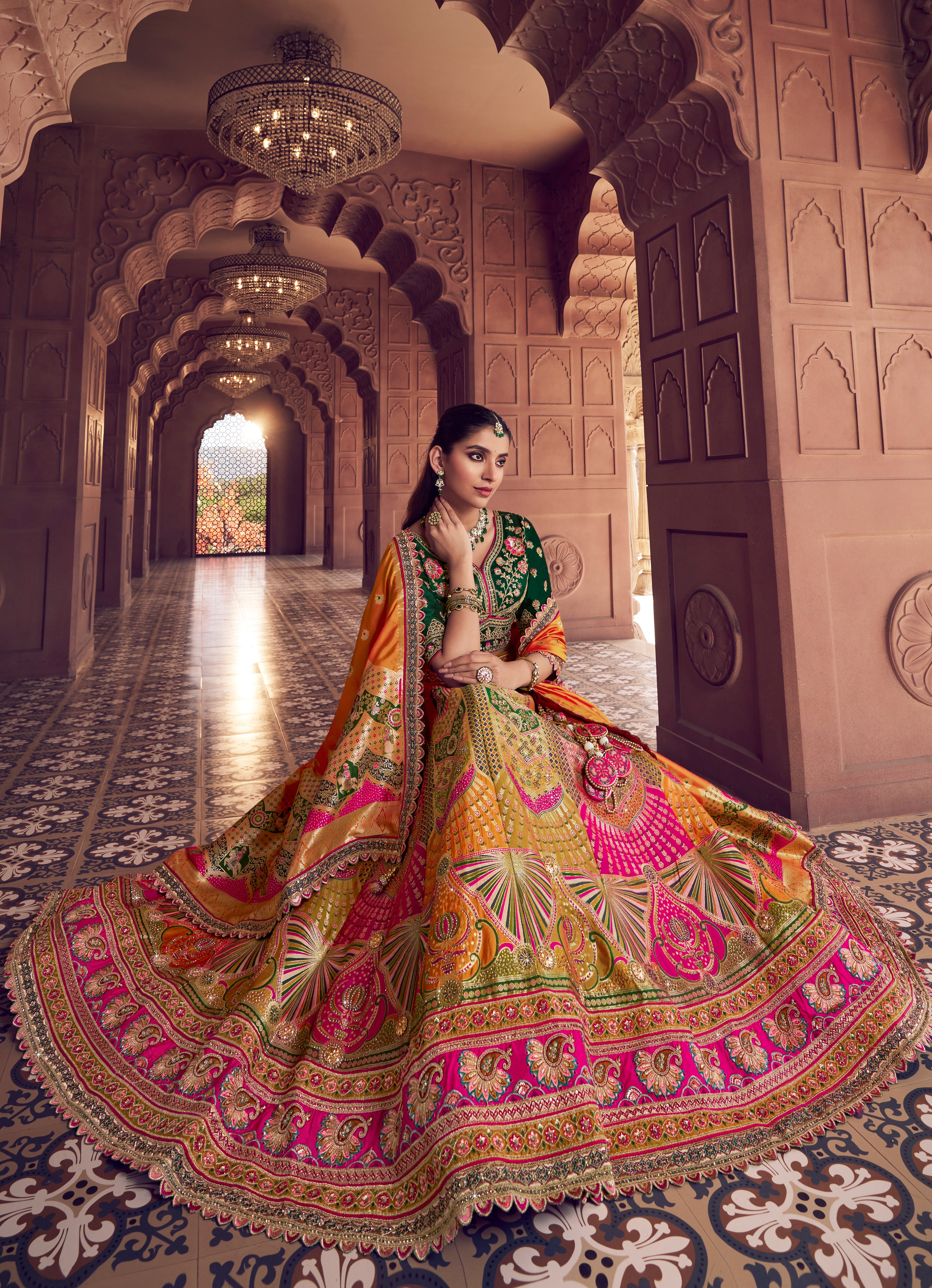 Multicolor Banarasi Premium Silk Lehenga Choli With Heavy Thread Embroidery, Sequence, Swarovski ,Stone With Zari Weaving Work