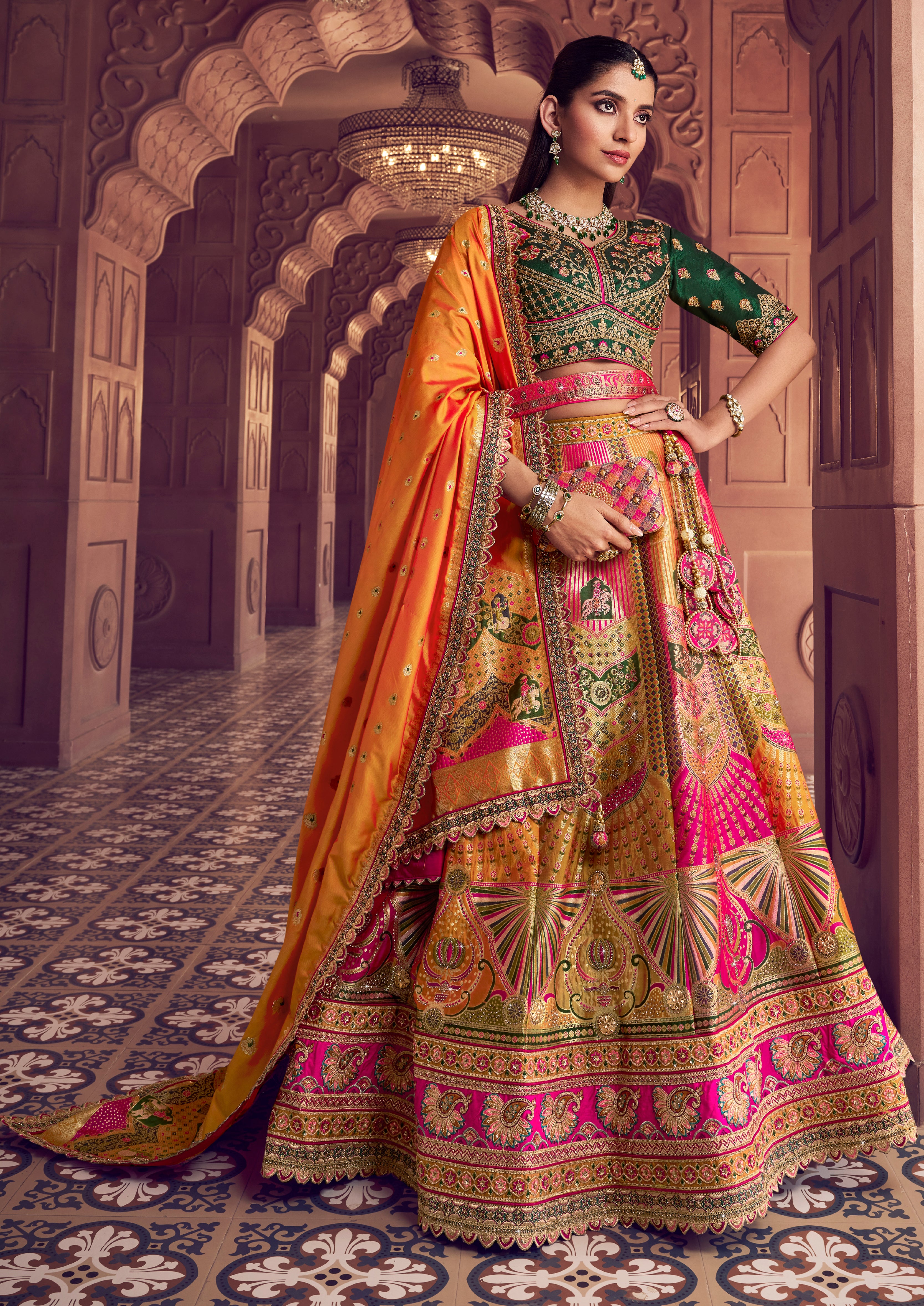 Multicolor Banarasi Premium Silk Lehenga Choli With Heavy Thread Embroidery, Sequence, Swarovski ,Stone With Zari Weaving Work