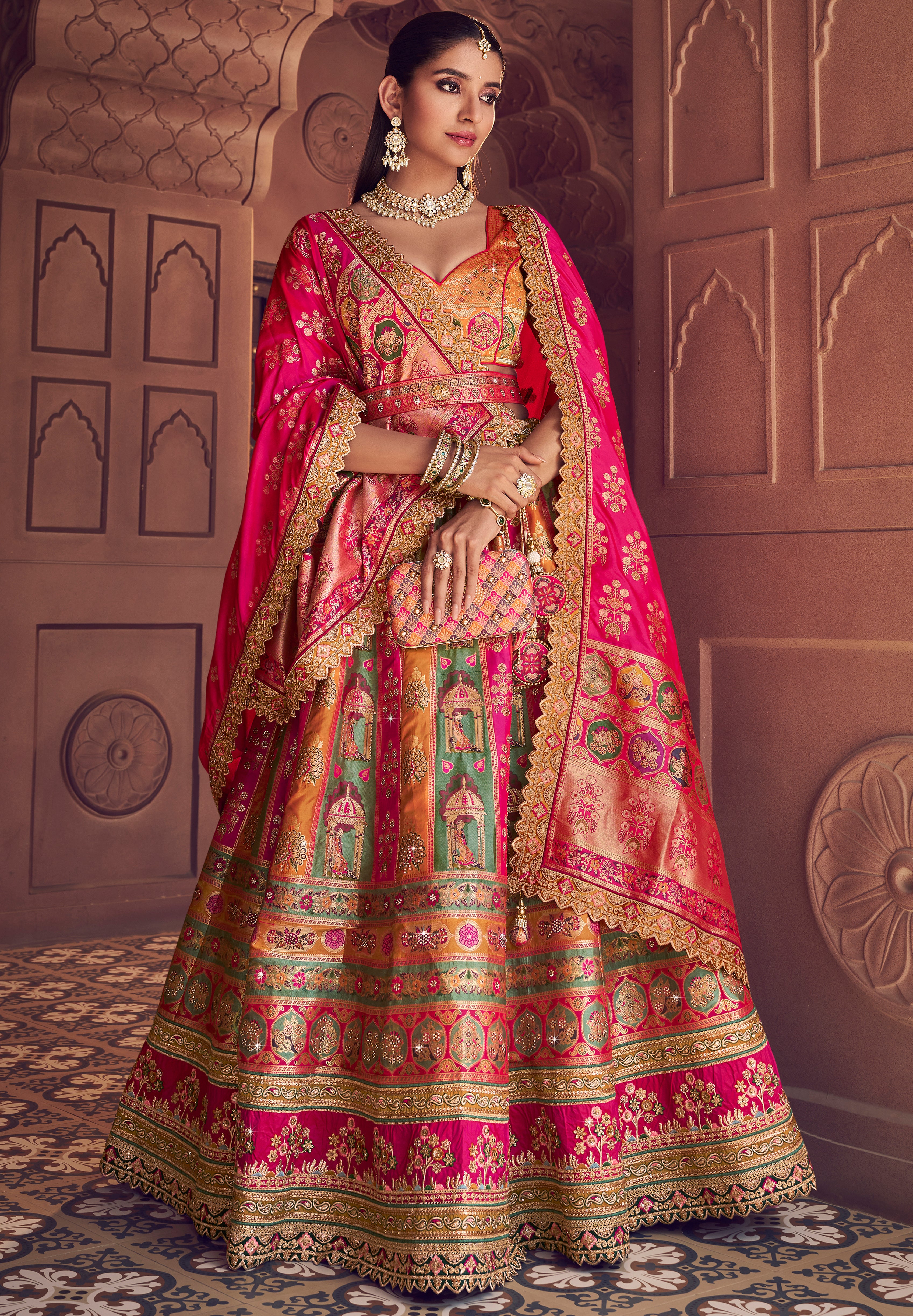 Multicolor Banarasi Premium Silk Lehenga Choli With Heavy Thread Embroidery, Sequence, Swarovski ,Stone With Zari Weaving Work