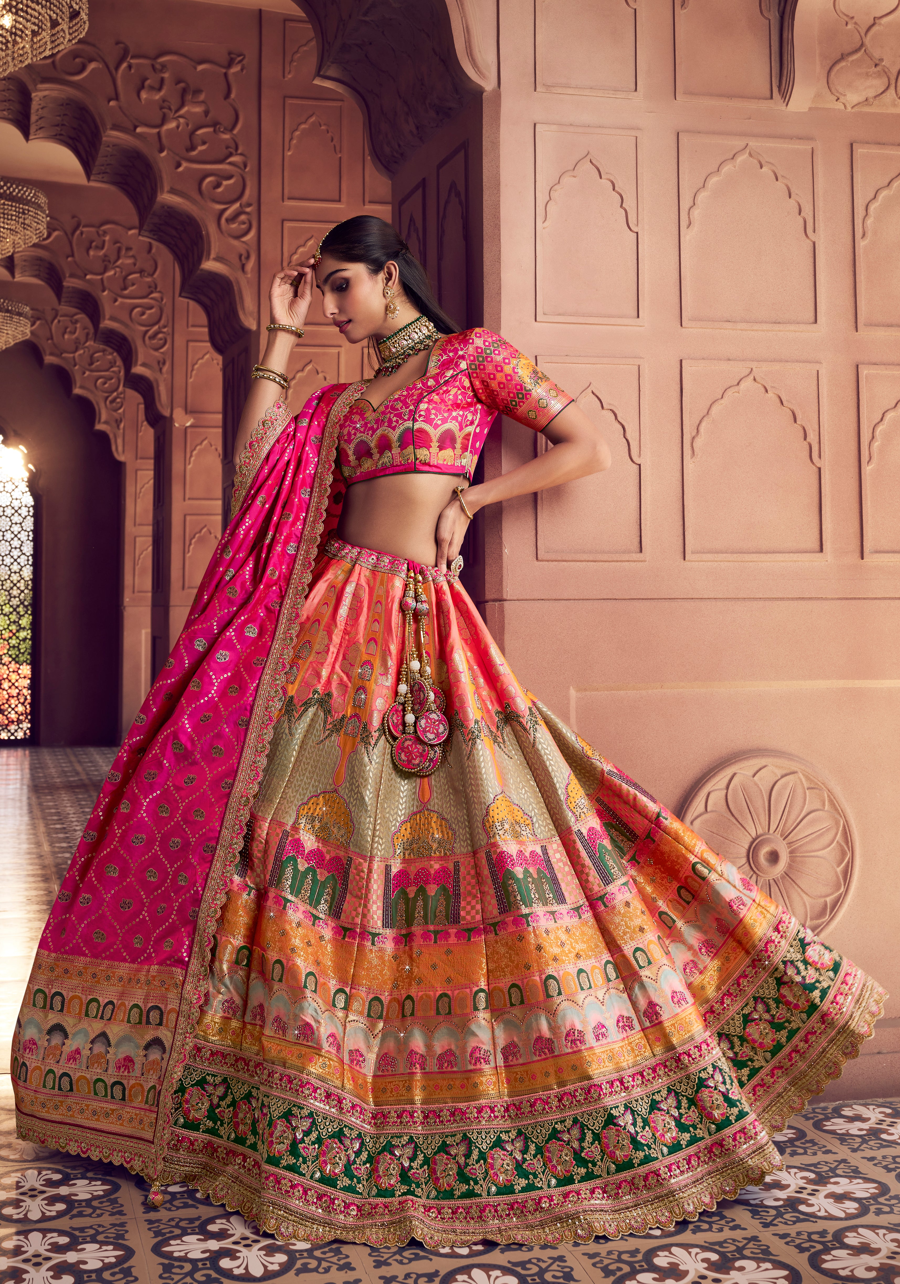 Multicolor Banarasi Premium Silk Lehenga Choli With Heavy Thread Embroidery, Sequence, Swarovski ,Stone With Zari Weaving Work