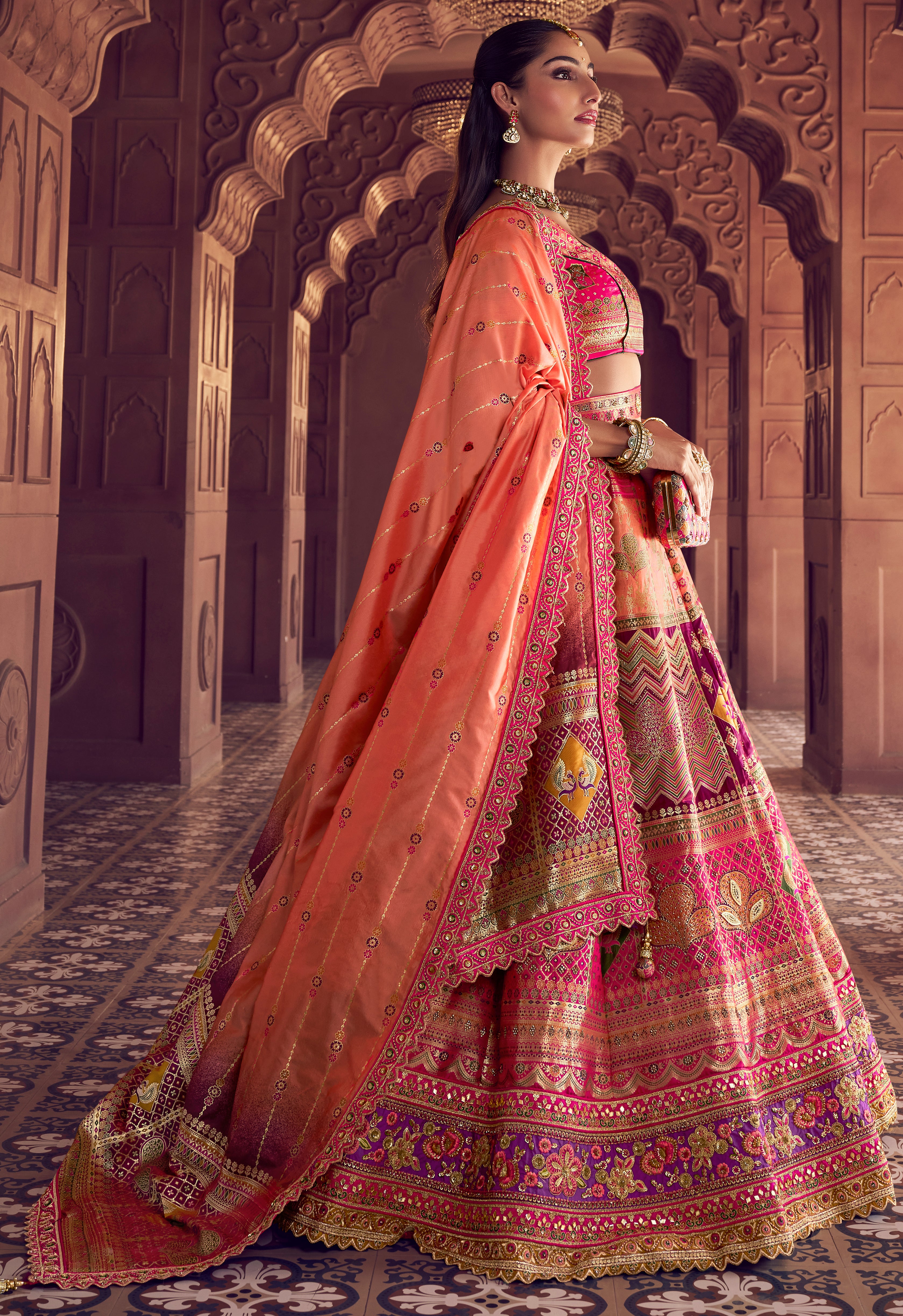Multicolor Banarasi Premium Silk Lehenga Choli With Heavy Thread Embroidery, Sequence, Swarovski ,Stone With Zari Weaving Work