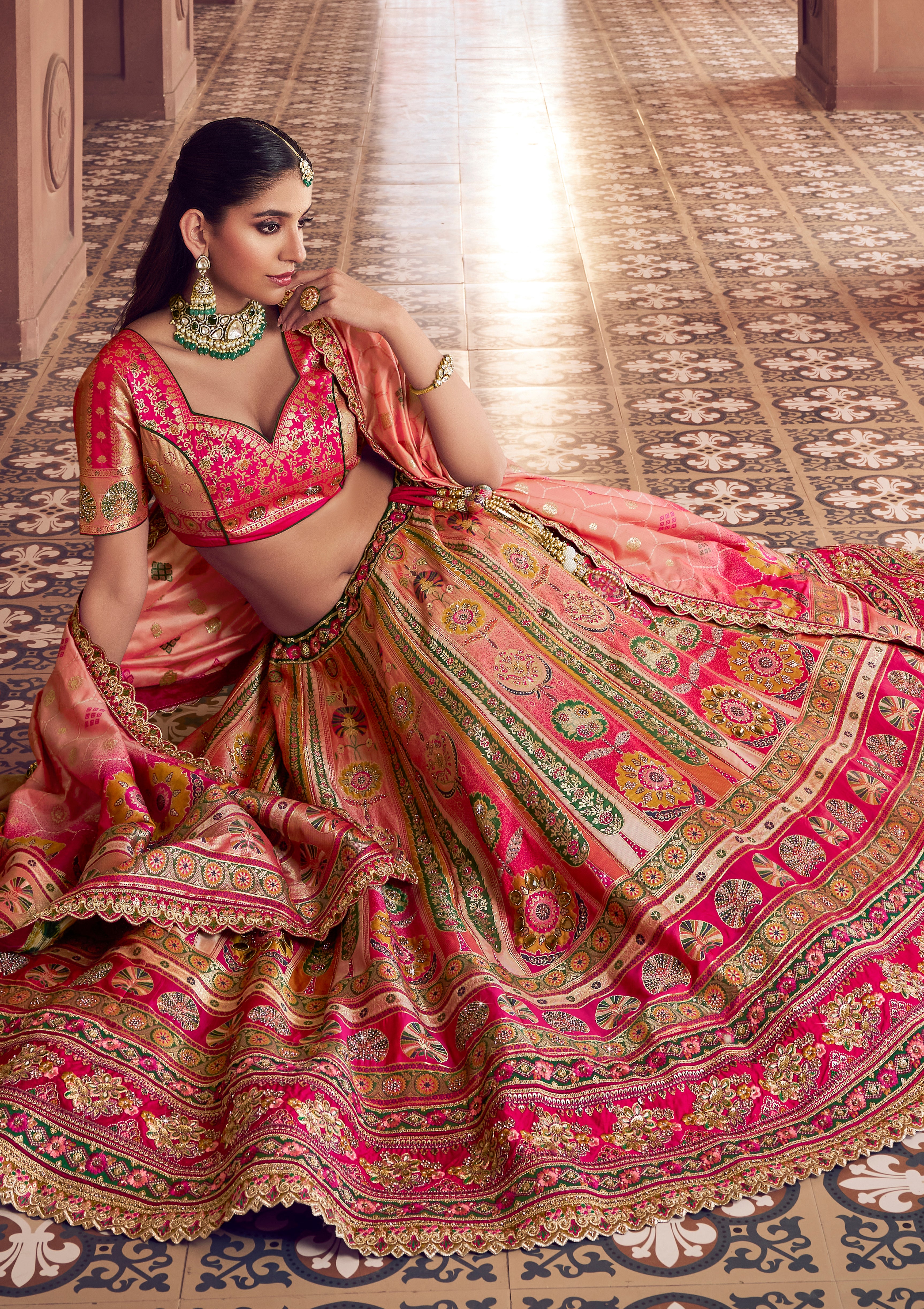 Multicolor Banarasi Premium Silk Lehenga Choli With Heavy Thread Embroidery, Sequence, Swarovski ,Stone With Zari Weaving Work