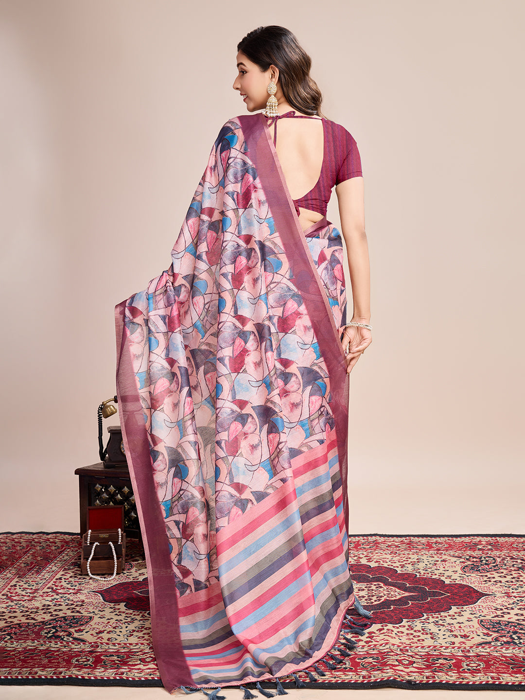 Multicolor Designer Printed Linen Fabric Partywear Saree For Trendy Designer Looks