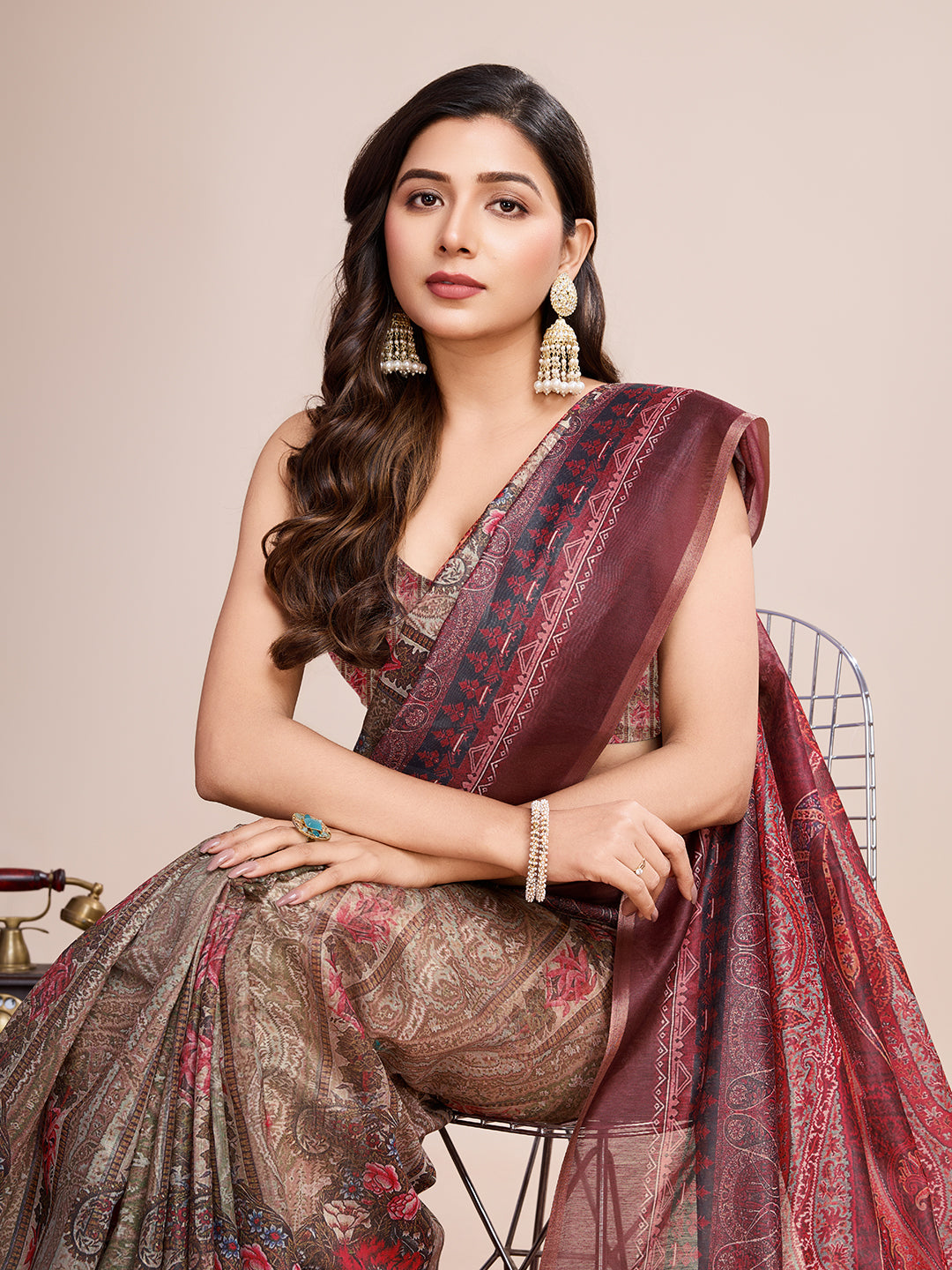 Multicolor Designer Printed Linen Fabric Partywear Saree For Trendy Designer Looks