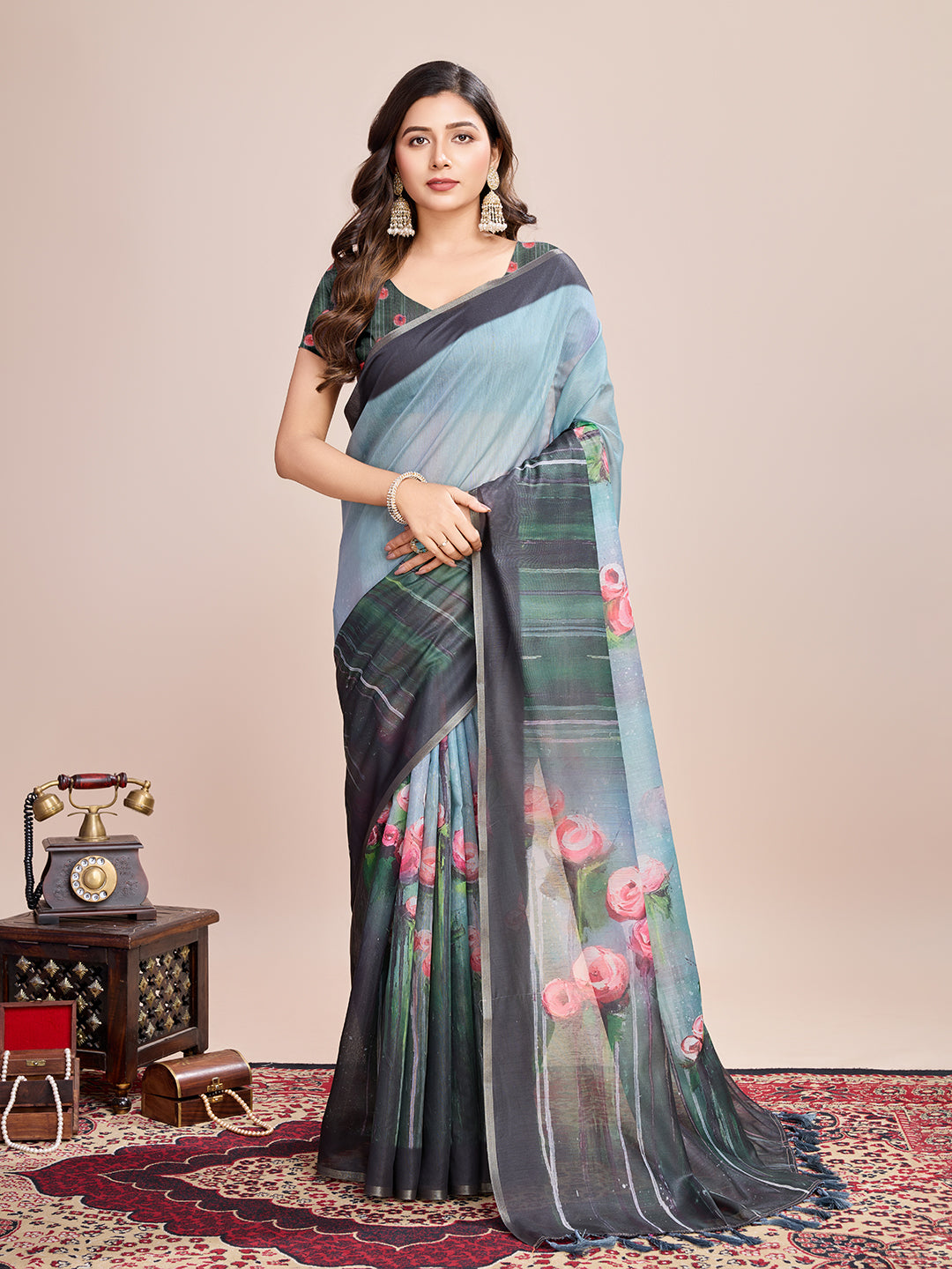 Multicolor Designer Printed Linen Fabric Partywear Saree For Trendy Designer Looks
