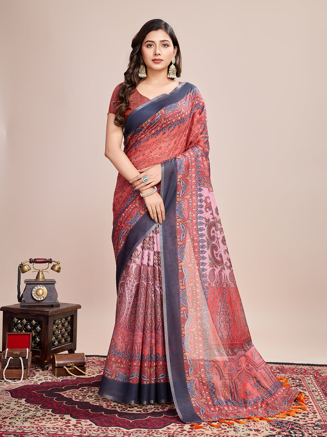 Multicolor Designer Printed Linen Fabric Partywear Saree For Trendy Designer Looks