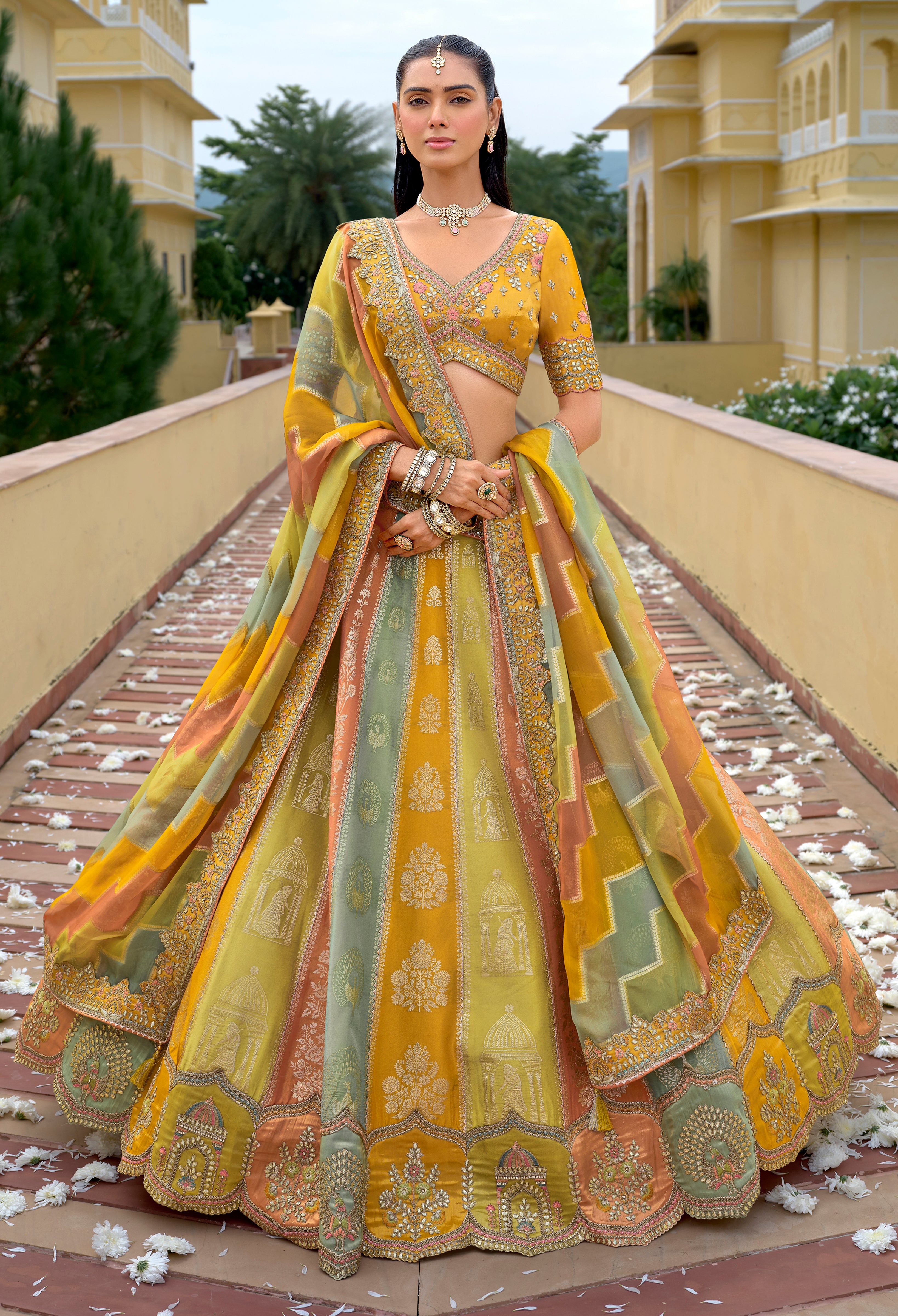 Multicolor Fancy Silk Lehenga Choli With Heavy Thread Embroidery, Stone, Sequence, Mirror and Cut Work Border