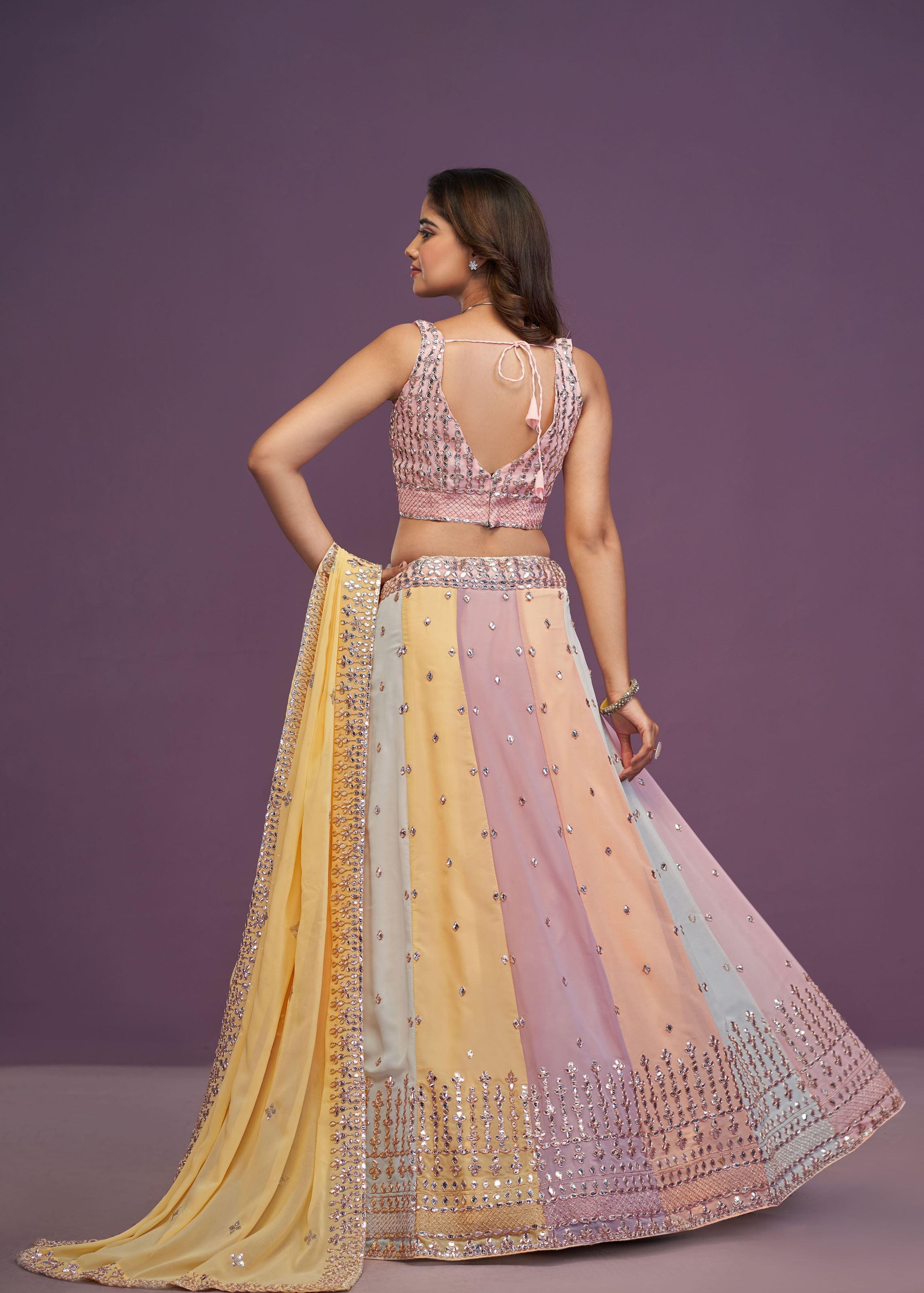 Multicolor Georgette Thread Sequence Embroidery Gota Patti Work Lehenga Choli