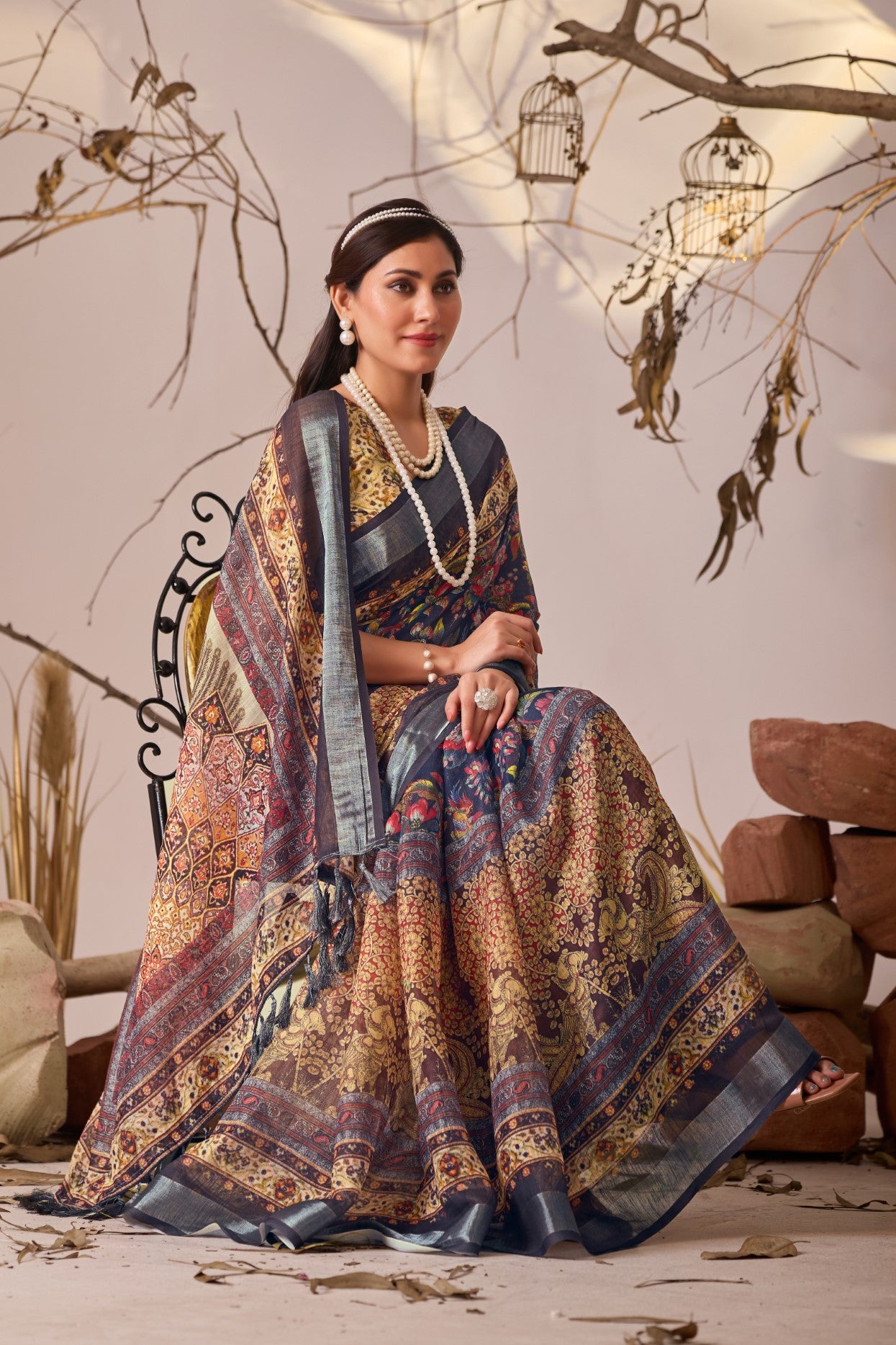 Multicolor Linen Cotton Saree with Digital Print