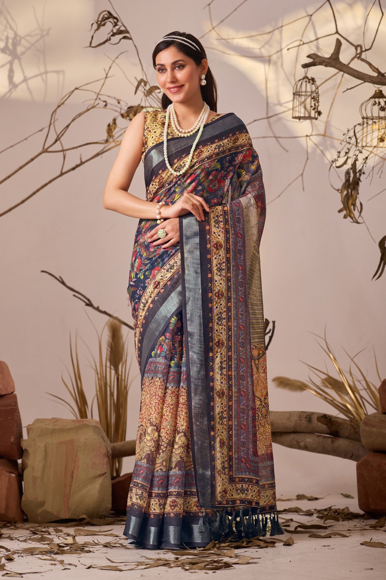 Multicolor Linen Cotton Saree with Digital Print